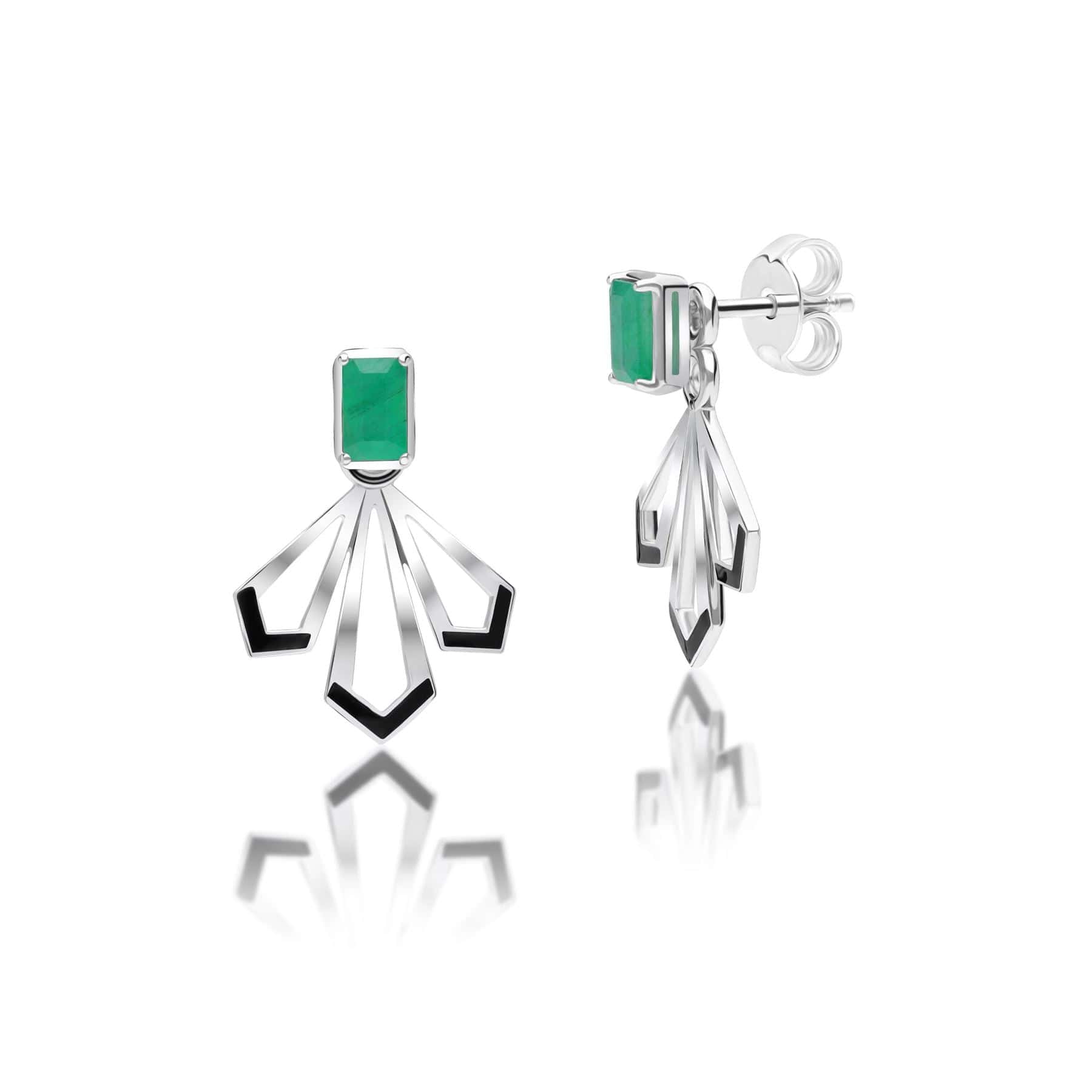 Grand Deco Emerald & Enamel Fan Earrings In Sterling Silver - Gemondo