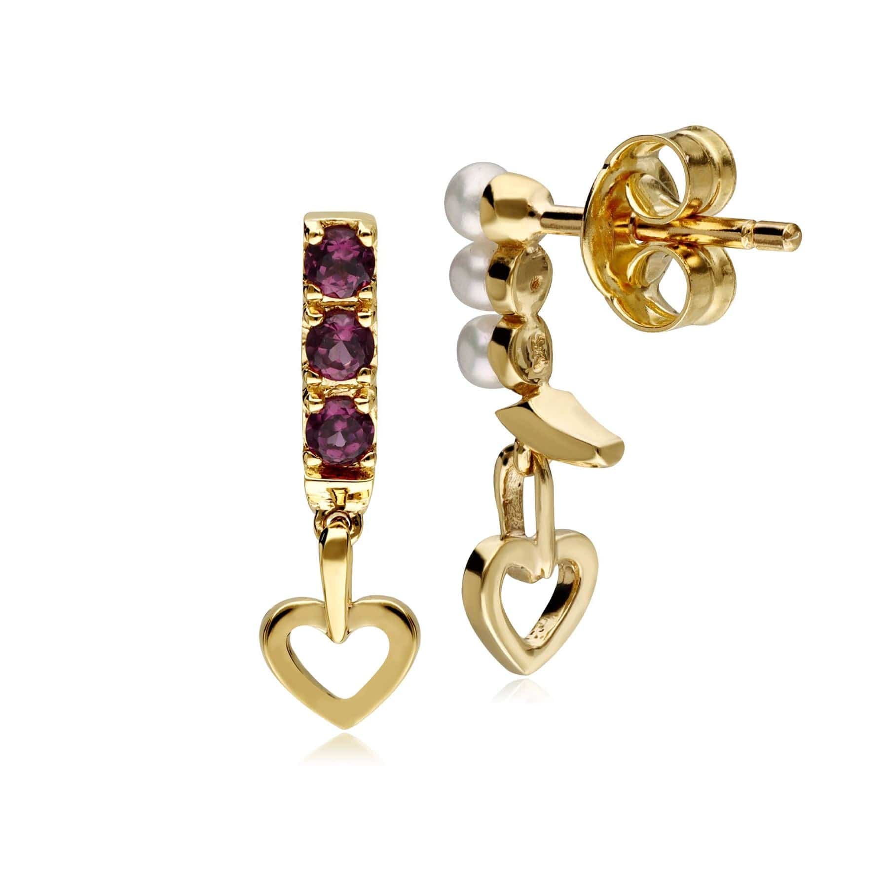 Cultured Freshwater Pearl & Rhodolite Mismatched Heart Drop Earrings In 9ct Yellow Gold - Gemondo
