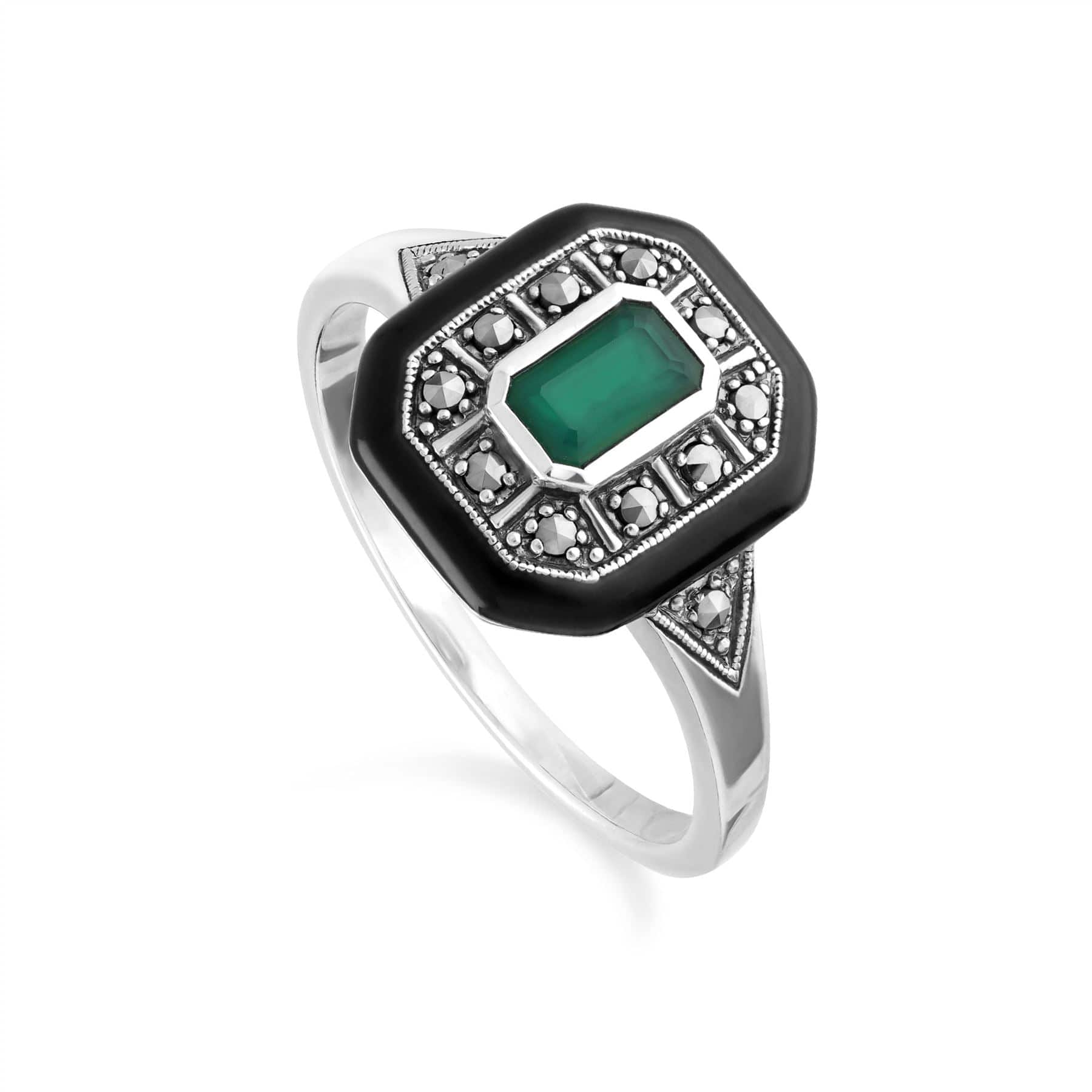 Art Deco Inspired Chalcedony, Enamel & Marcasite Square Ring In Sterling Silver - Gemondo