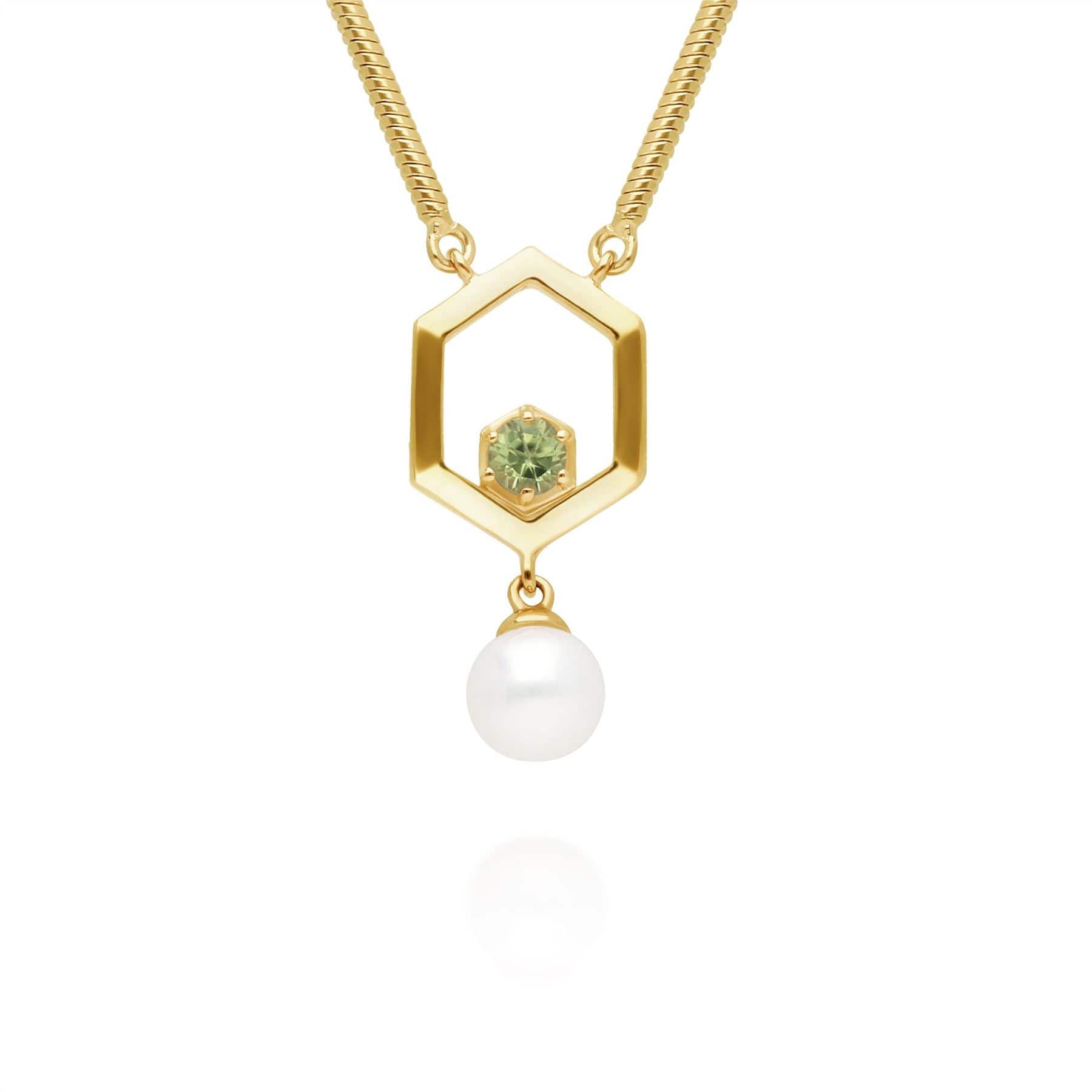 Modern Pearl & Peridot Hexagon Drop Necklace in Gold Plated Silver - Gemondo