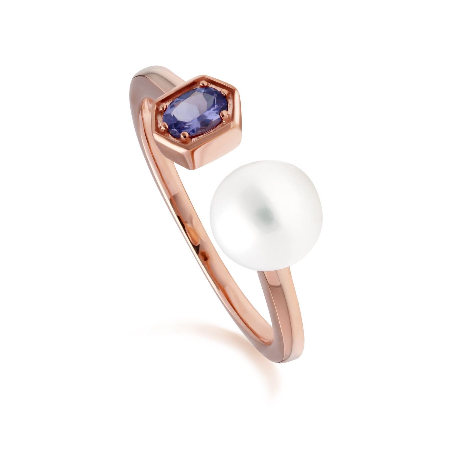 Modern Pearl & Tanzanite Open Ring in Rose Gold Plated Sterling Silver