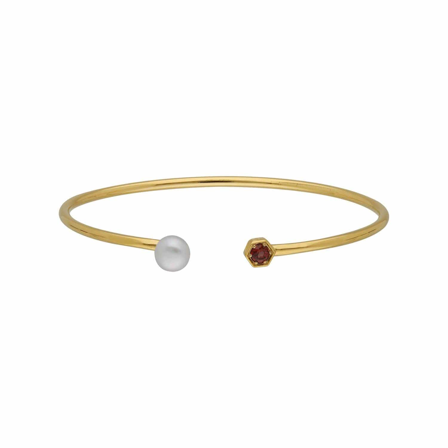 Geometric Pearl & Garnet Open Bangle in Gold Plated Sterling Silver