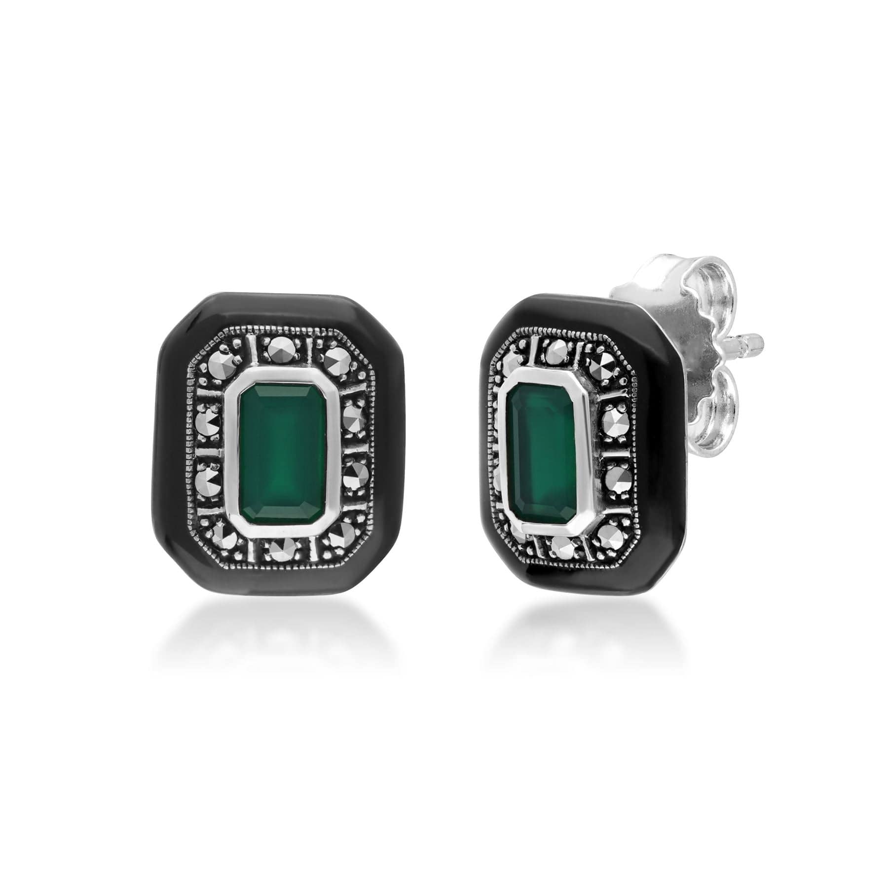 Art Deco Inspired Chalcedony & Marcasite Stud Earrings in Sterling Silver - Gemondo