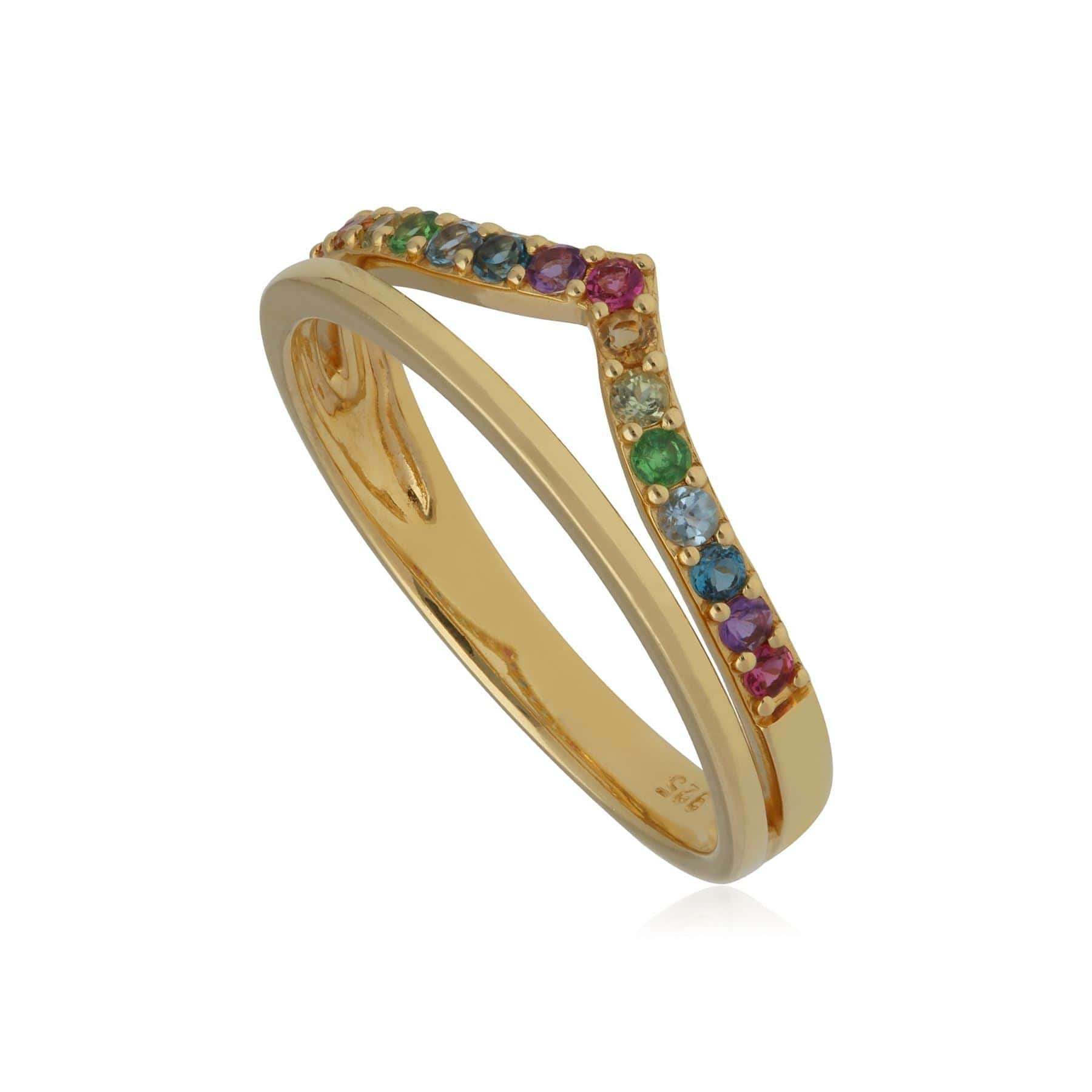 Rainbow Wishbone Style Ring in Gold Plated Sterling Silver