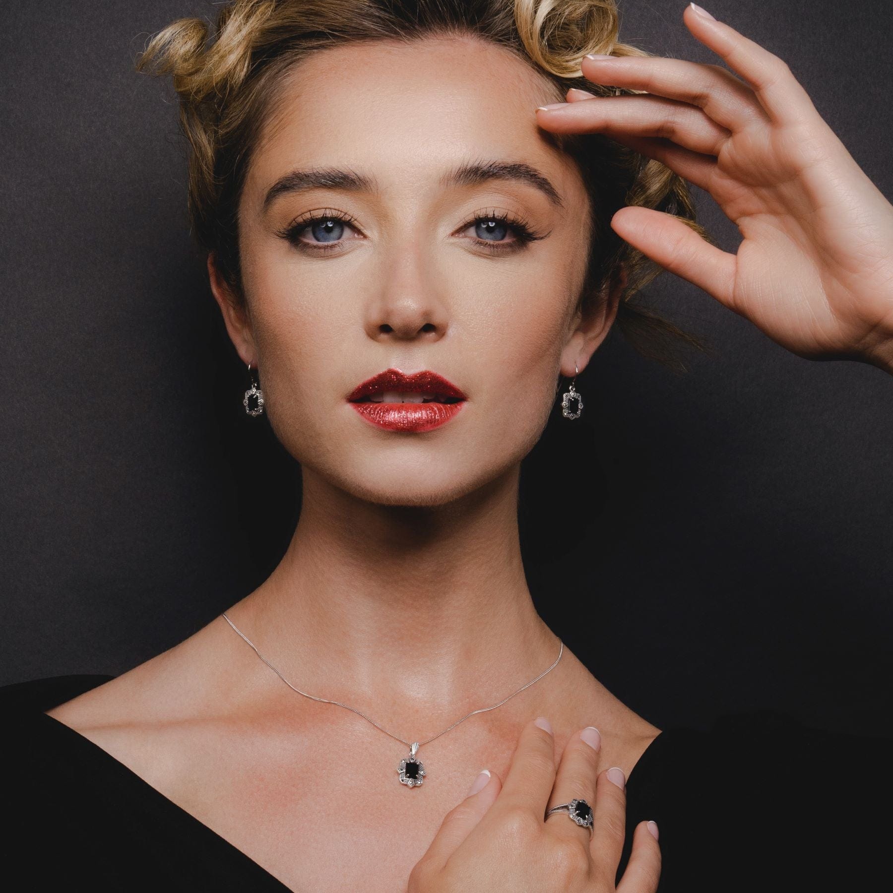Art Deco Style Black Spinel & Marcasite Drop Earrings in Silver - Gemondo