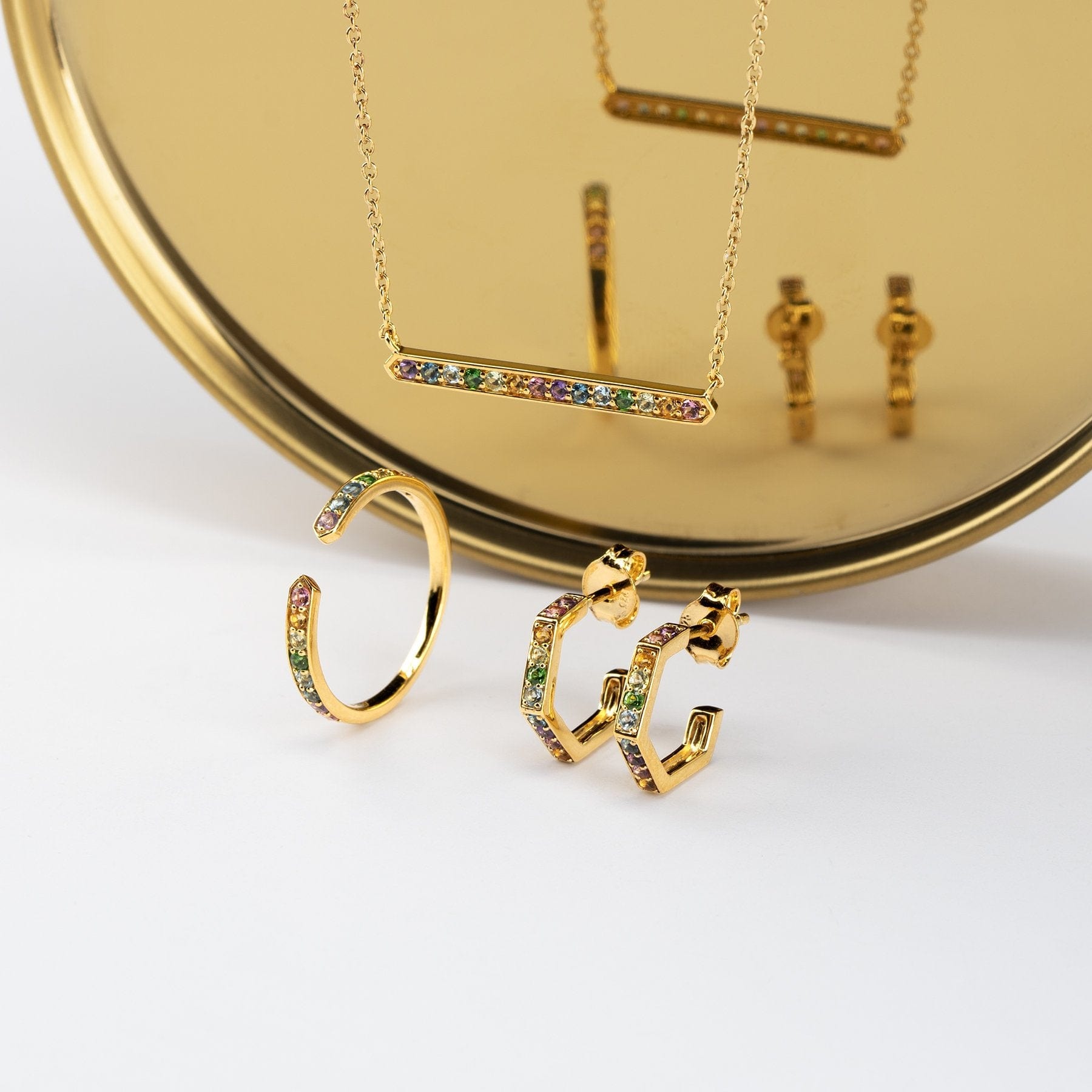 Rainbow Hexagon Hoop Earrings in Gold Plated Sterling Silver - Gemondo