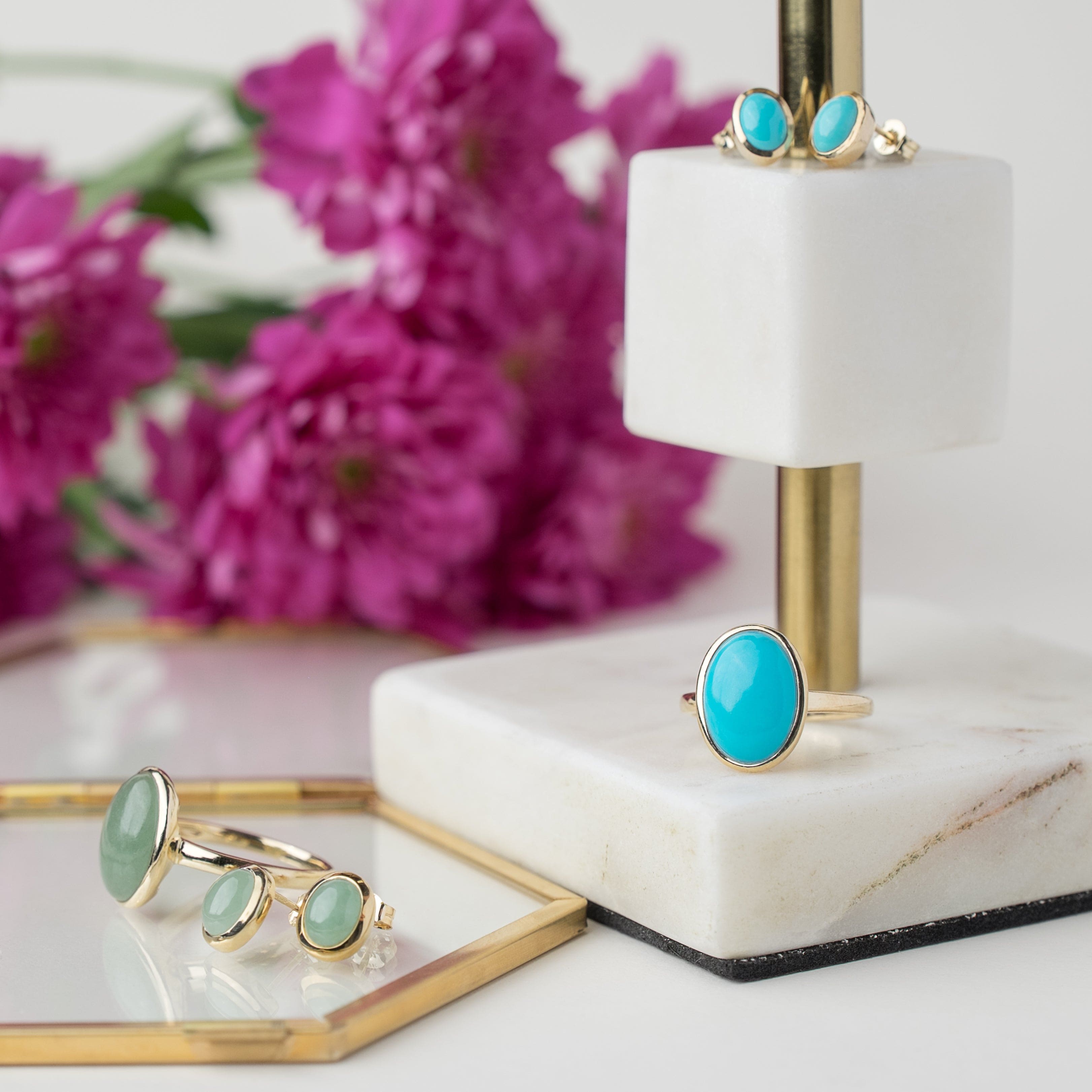 9ct Yellow Gold 1.72ct Turquoise Classic Oval Framed  Stud Earrings
