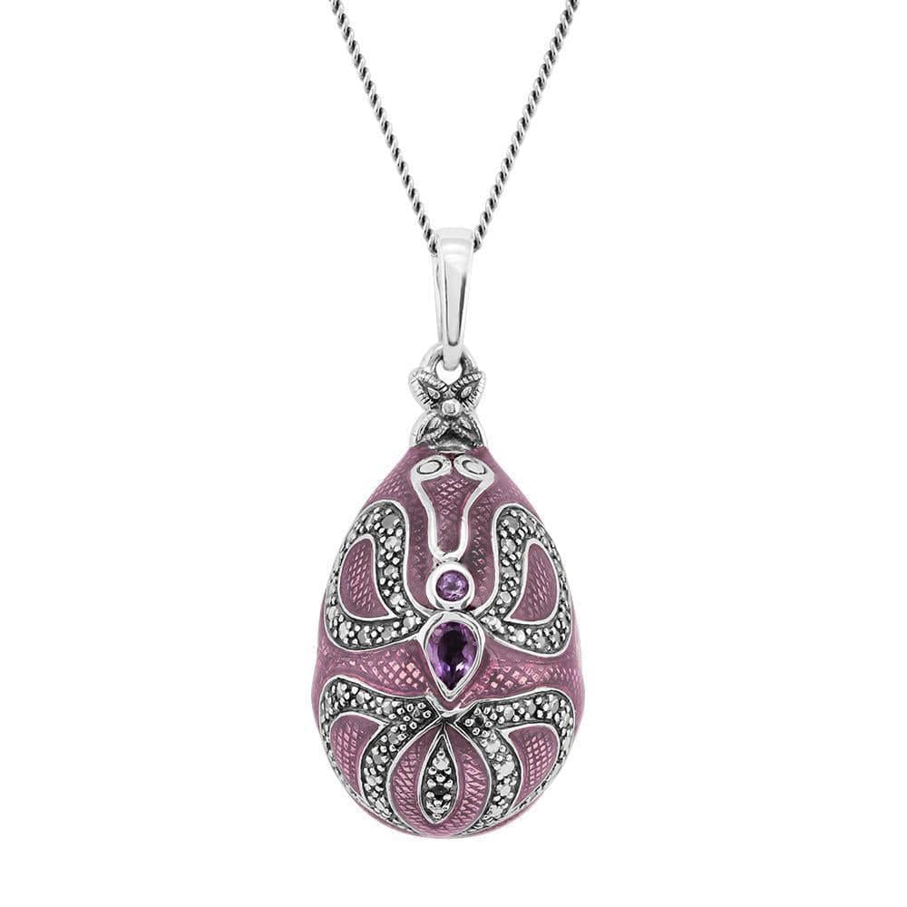 27079 Art Nouveau Style Purple Enamel & Amethyst Egg Pendant in Sterling Silver 1