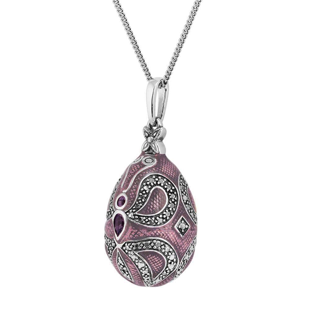 Art Nouveau Style Pear Amethyst Faberge Egg Style Pendant in 925 Sterling Silver