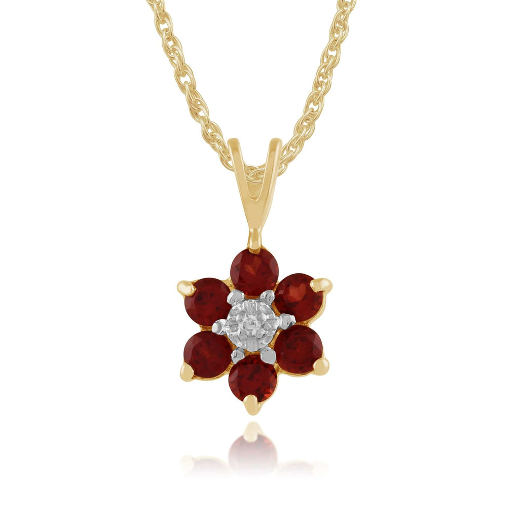 Floral Round Garnet & Diamond Cluster Pendant 9ct Yellow Gold