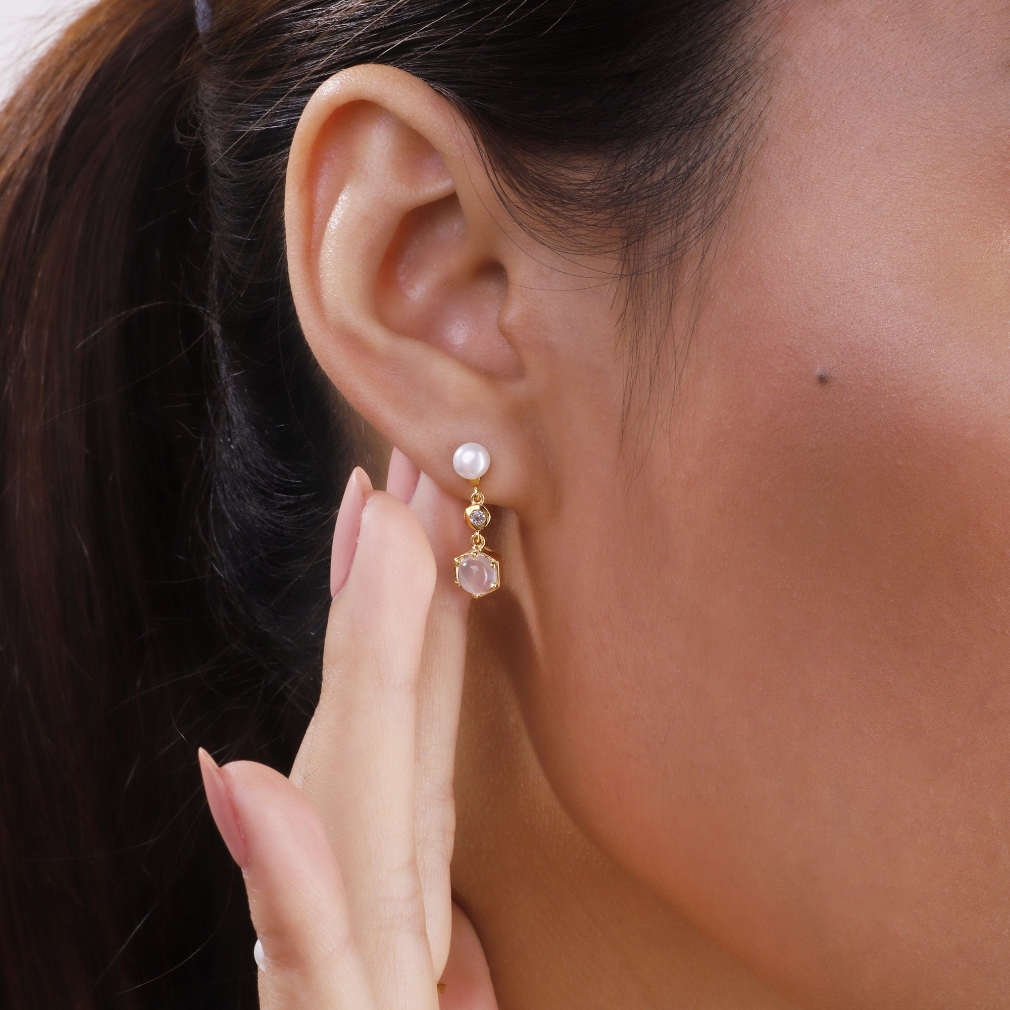 Modern Pearl, Moonstone & Topaz Mismatched Drop Earrings in Gold Plated Silver 1