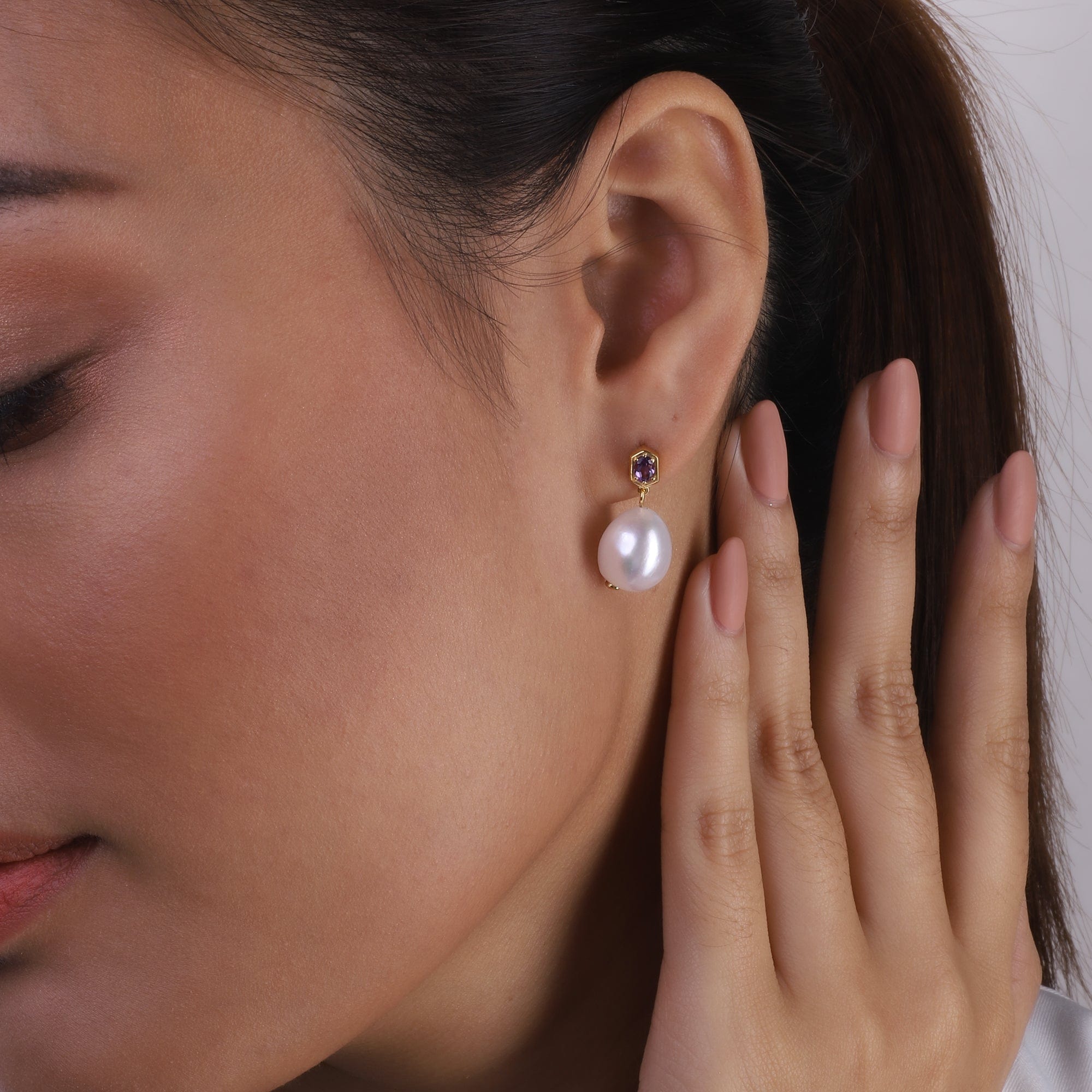 Modern Baroque Pearl & Amethyst Drop Earrings in Gold Plated Sterling Silver