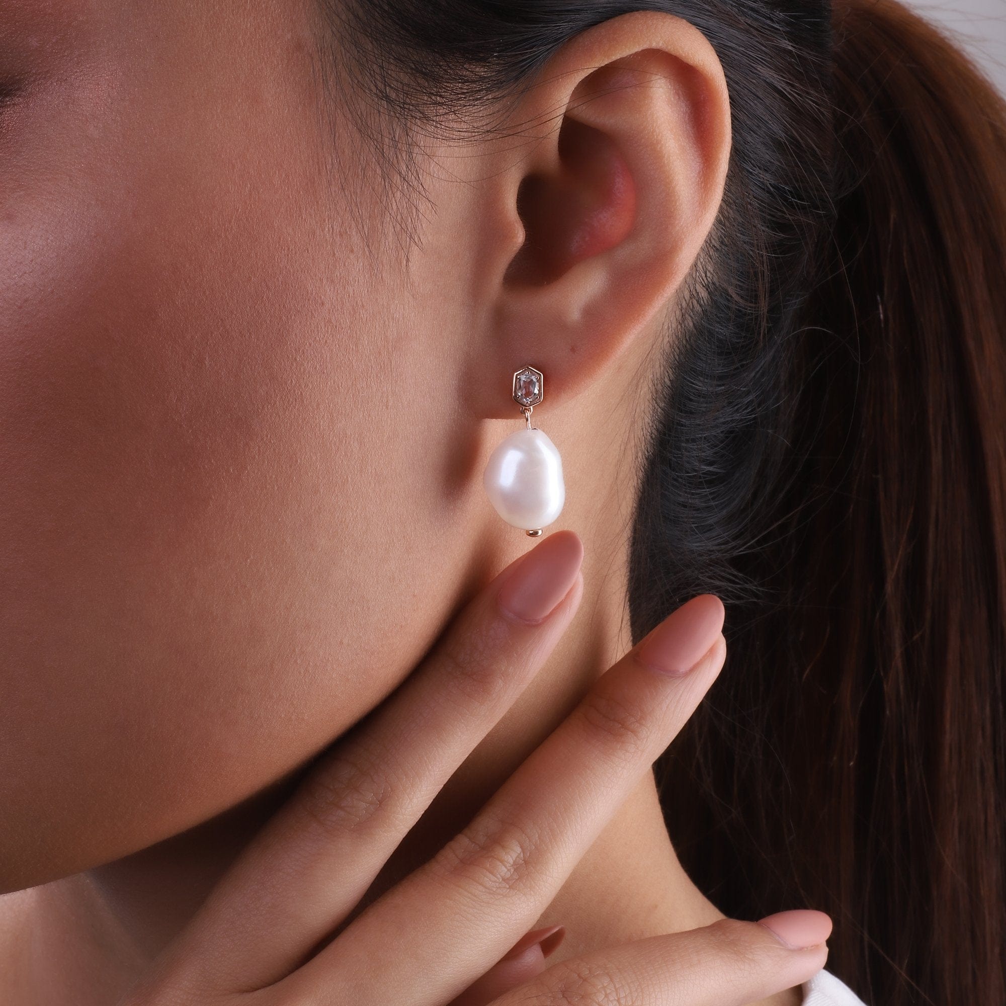 Modern Baroque Pearl & Aquamarine Drop Earrings in Rose Gold Plated Sterling Silver