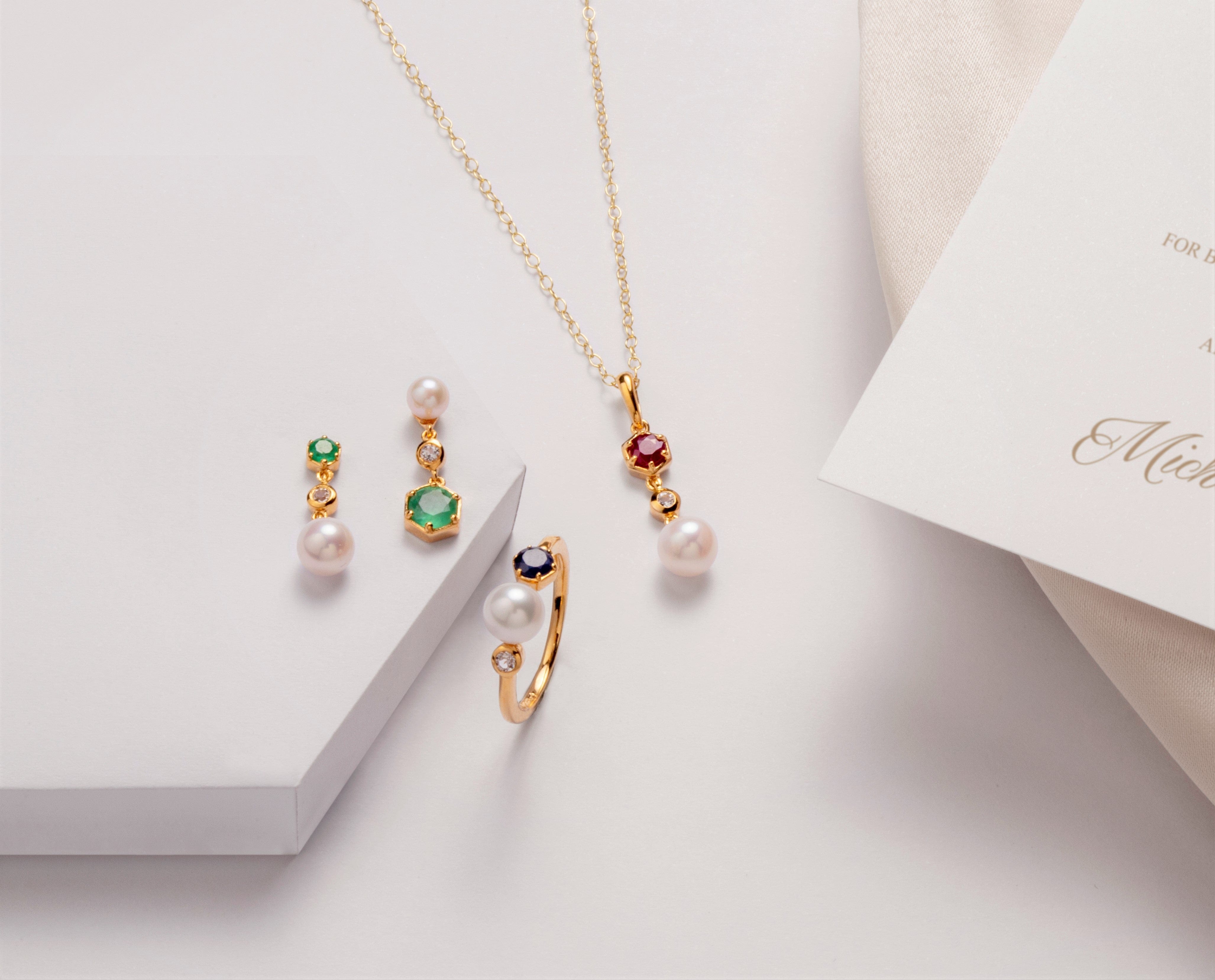 Modern Pearl, Emerald & Topaz Mismatched Drop Earrings in Gold Plated Silver 1