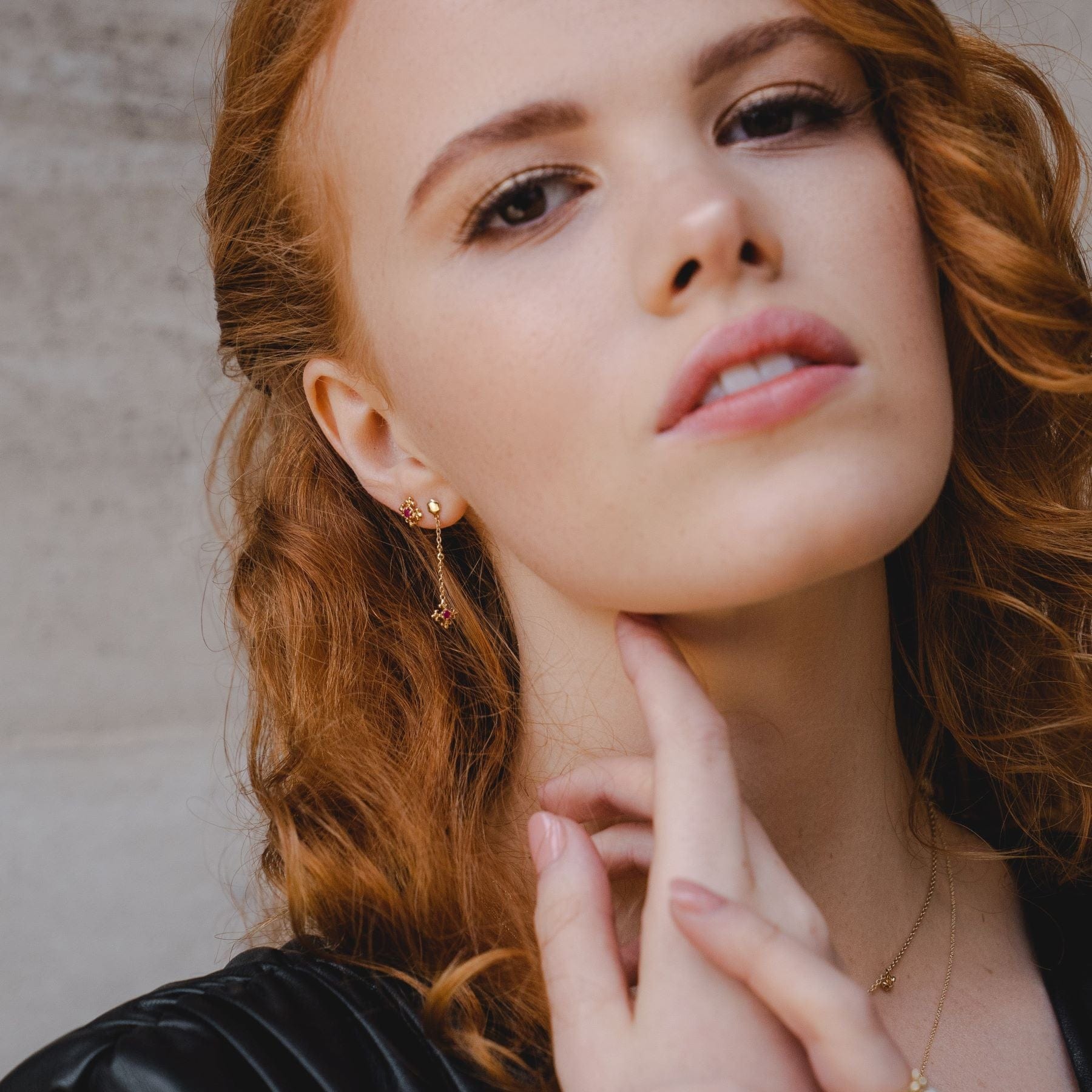 ECFEW™ Ruby Fleur De Lis Dangle Drop Earrings on model