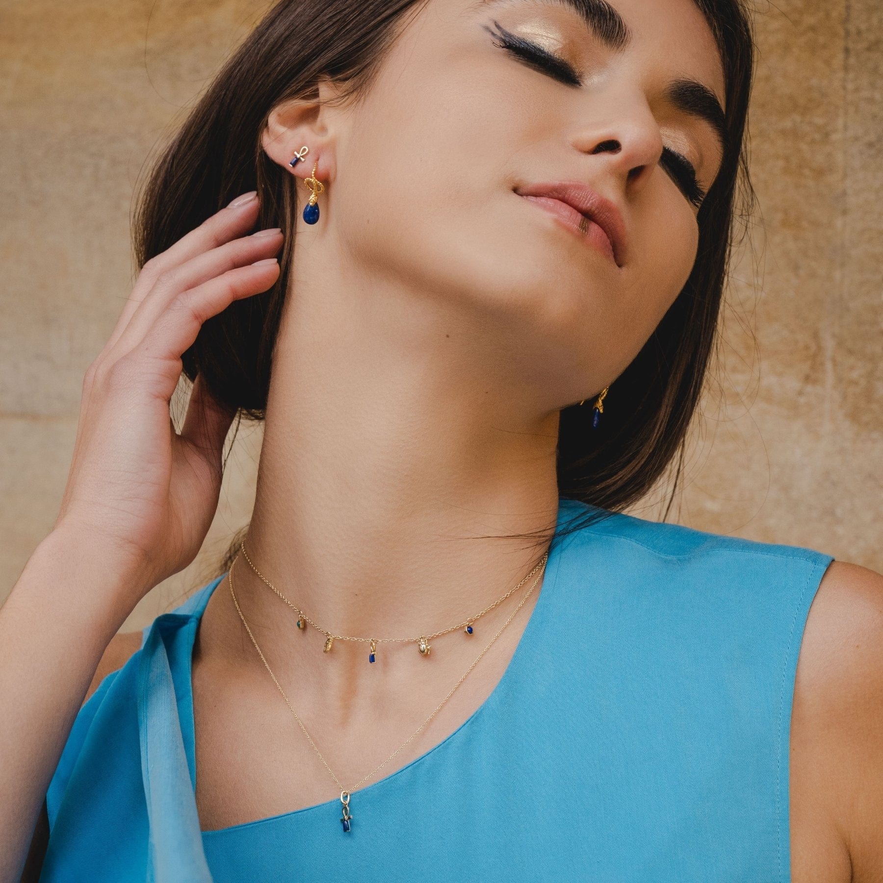 ECFEW™ Lapis Lazuli Ankh Pendant Necklace In 9ct Yellow Gold - Gemondo