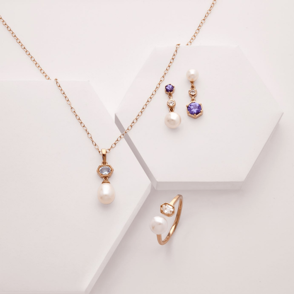 270E030308925 Modern Pearl, Tanzanite & Topaz Mismatched Drop Earrings in Rose Gold Plated Silver 2