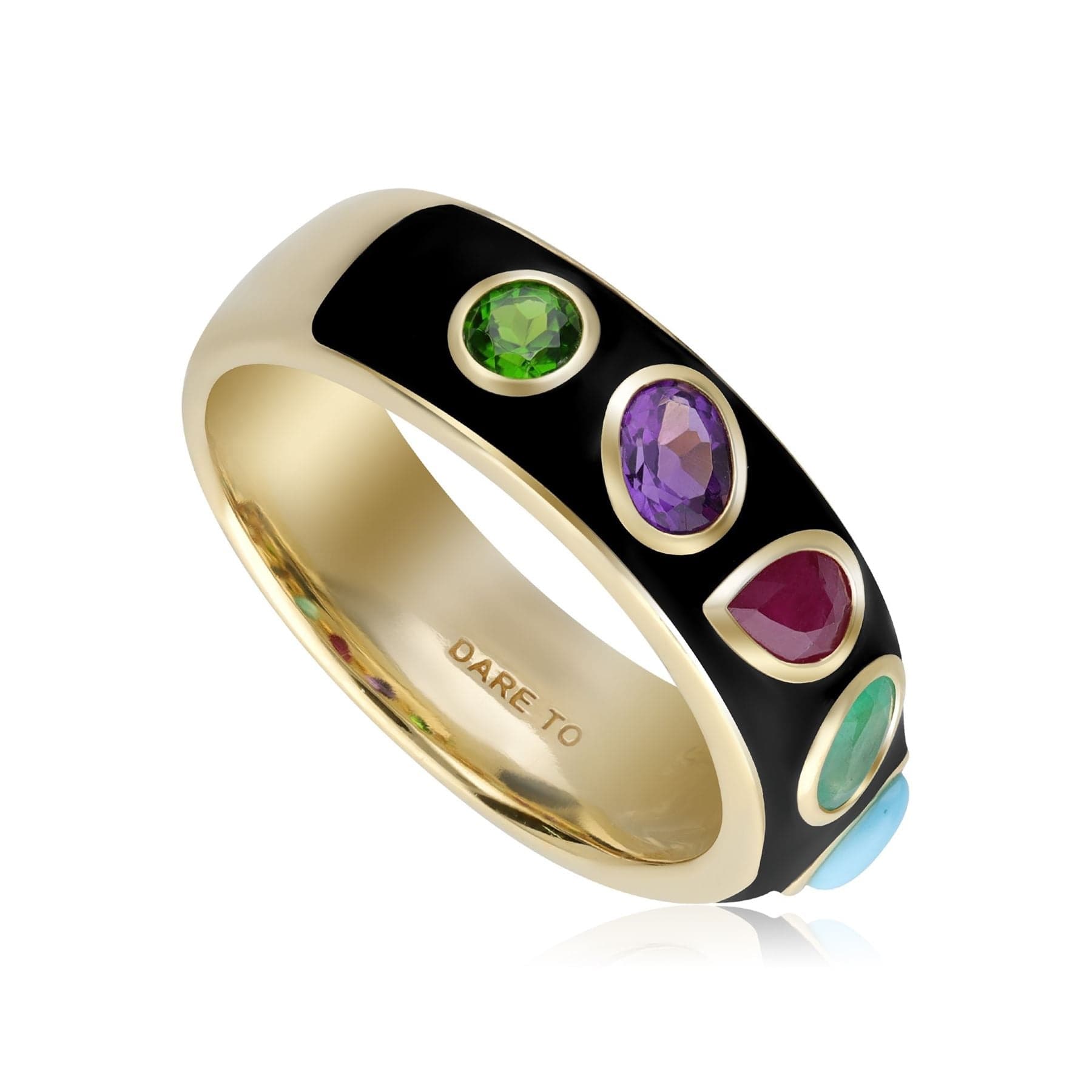253R664001925 Coded Whispers Black Enamel 'Dare to' Acrostic Gemstone Ring In Yellow Gold Plated Silver 6