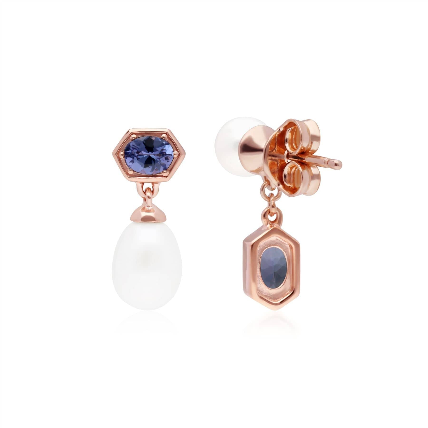270E030408925 Modern Pearl & Tanzanite Mismatched Drop Earrings in Rose Gold Plated Silver 3