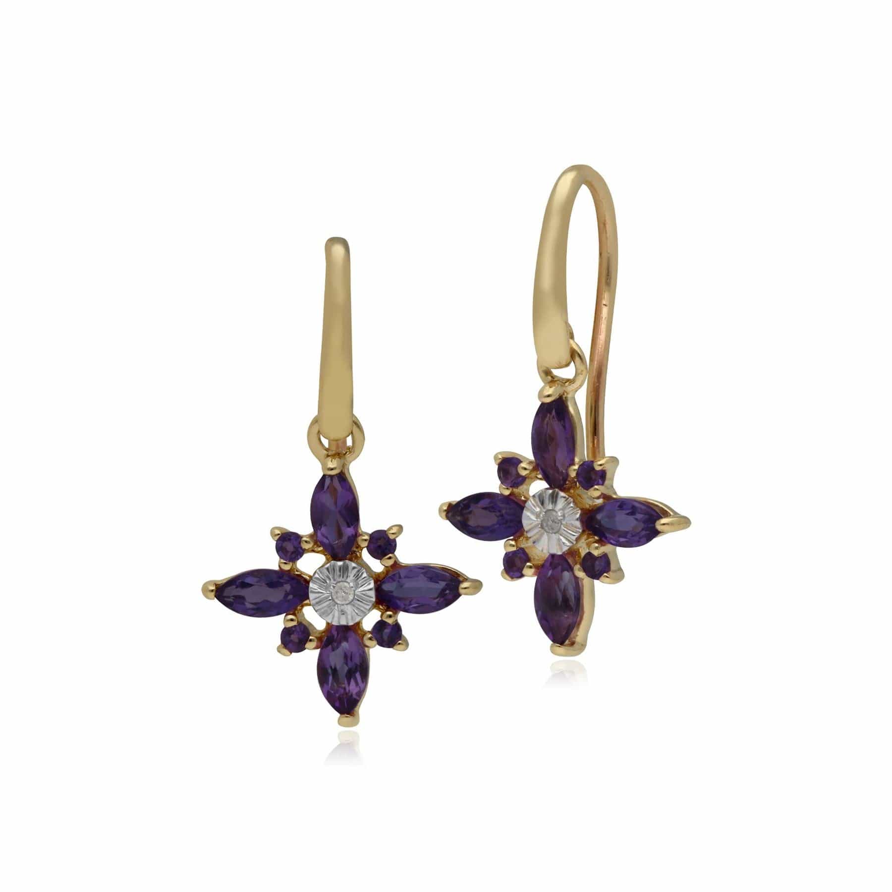 135E1123039 Amethyst & Diamond Starburst Earrings in 9ct Yellow Gold 1