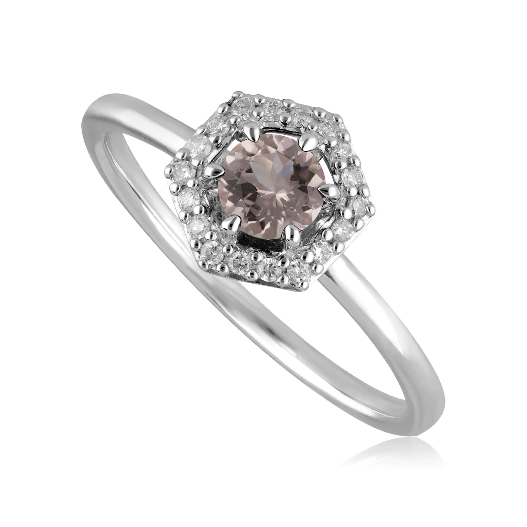 162R0404049 9ct White Gold 0.556ct Morganite & Diamond Halo Hexagon Ring 1