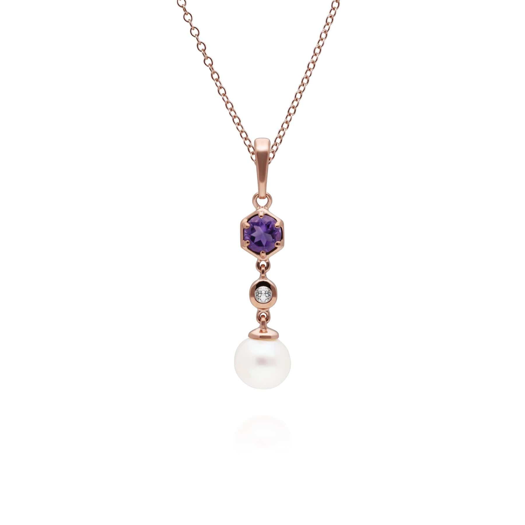 270P030304925 Modern Pearl, Amethyst & Topaz Drop Pendant in Rose Gold Plated Silver 1