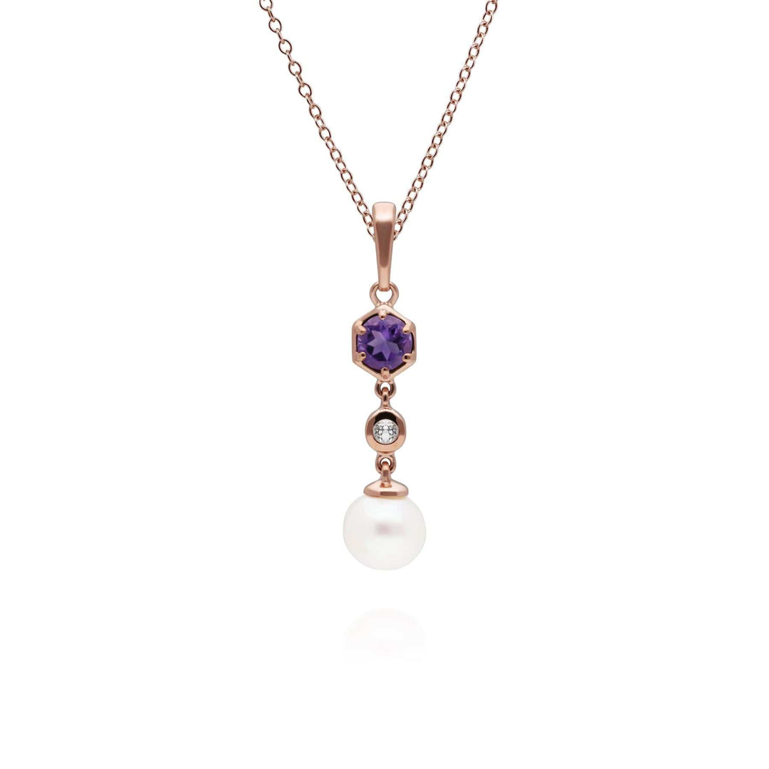 270P030304925 Modern Pearl, Amethyst & Topaz Drop Pendant in Rose Gold Plated Silver 1