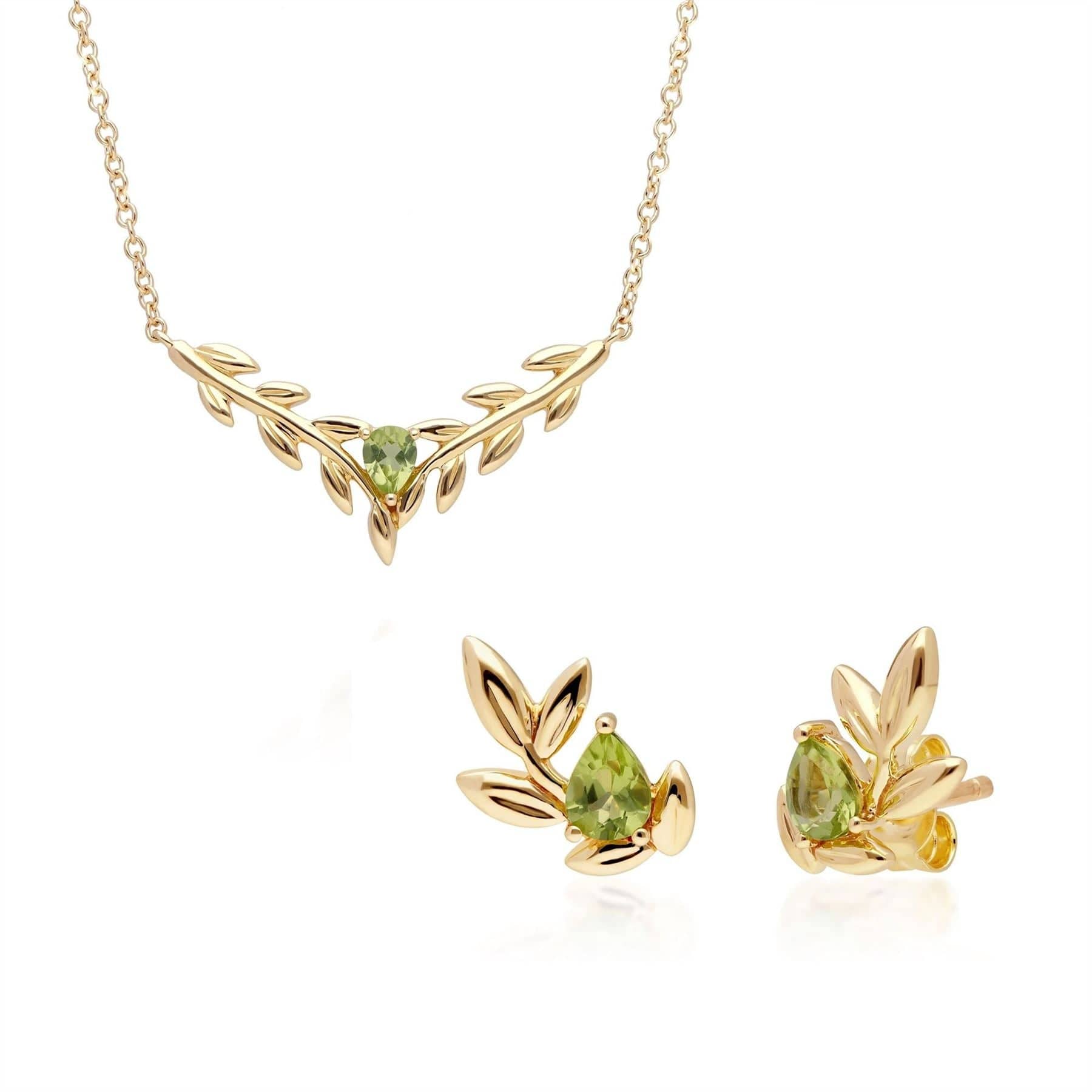 135N0366019-135E1674019 O Leaf Peridot Necklace & Stud Earring Set in 9ct Yellow Gold 1