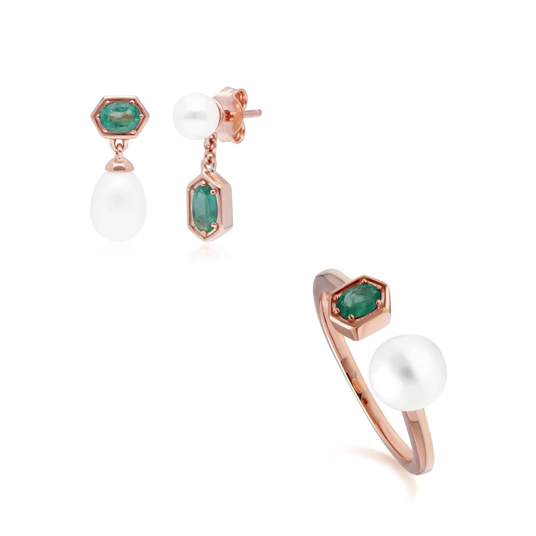 Modern Pearl & Emerald Earring & Ring Set in Rose Gold Plated Silver - Gemondo