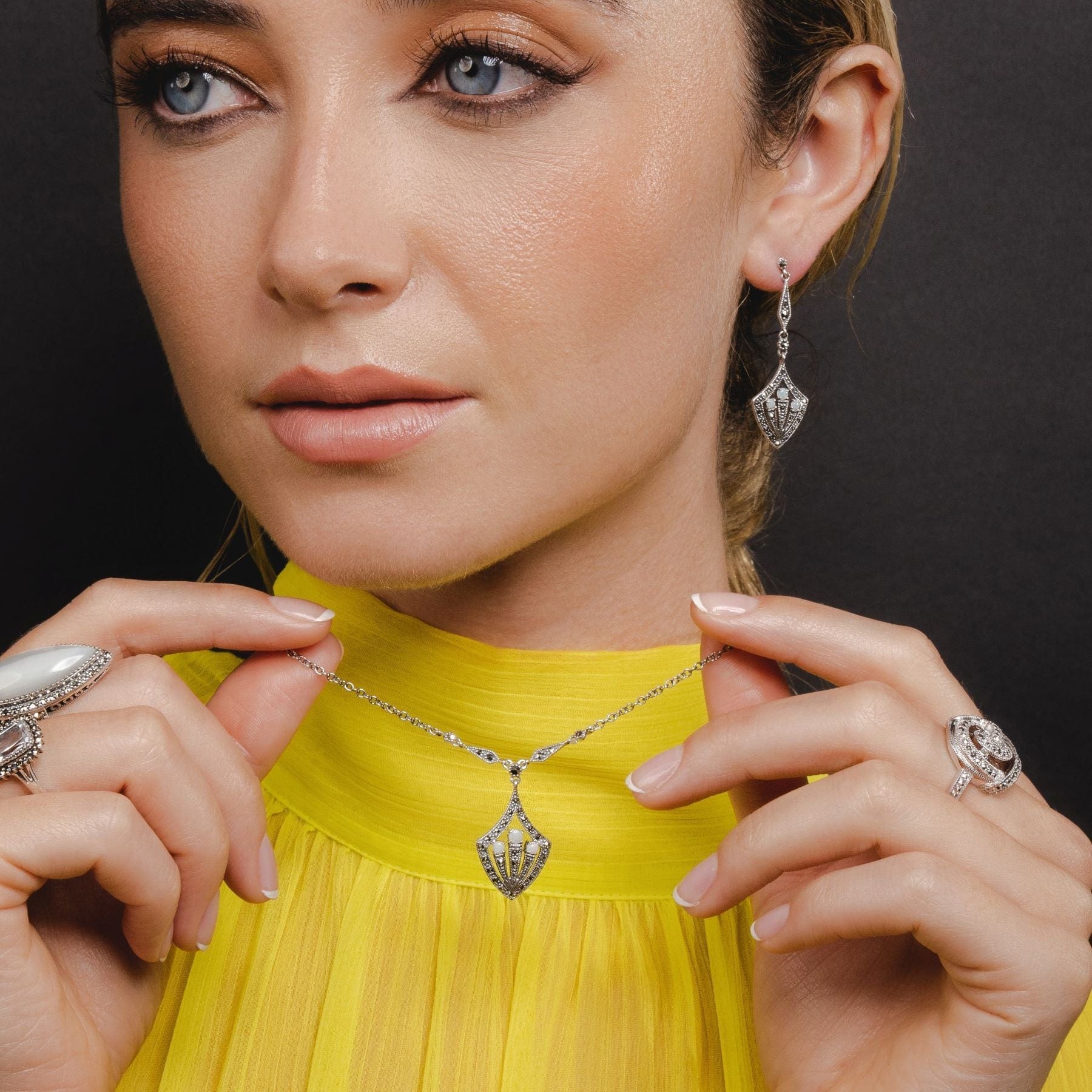 Art Deco Style Opal & Marcasite Shield Drop Earrings & Necklace Set in Silver - Gemondo