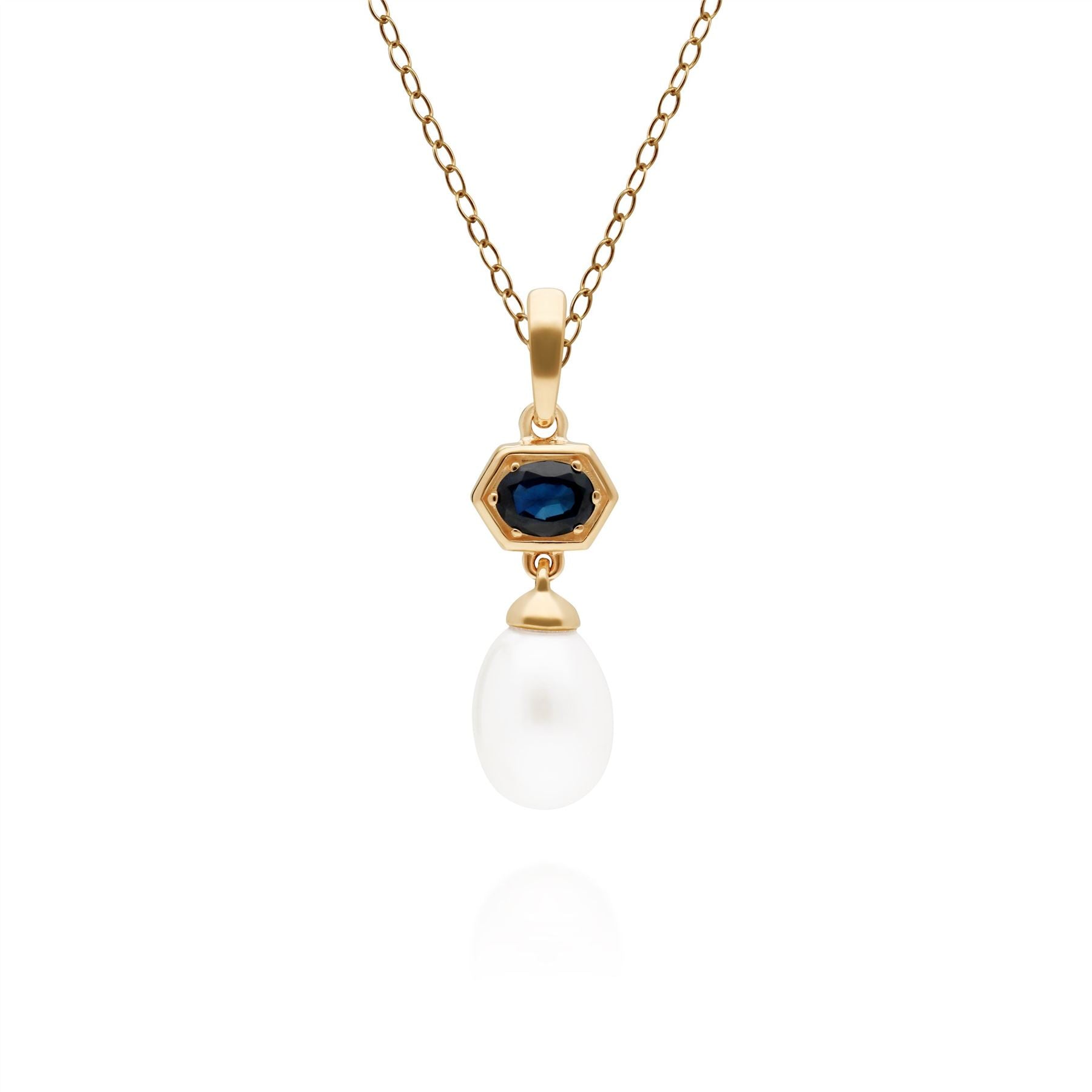 270P030201925 Modern Pearl & Sapphire Hexagon Drop Pendant in Gold Plated Silver 1