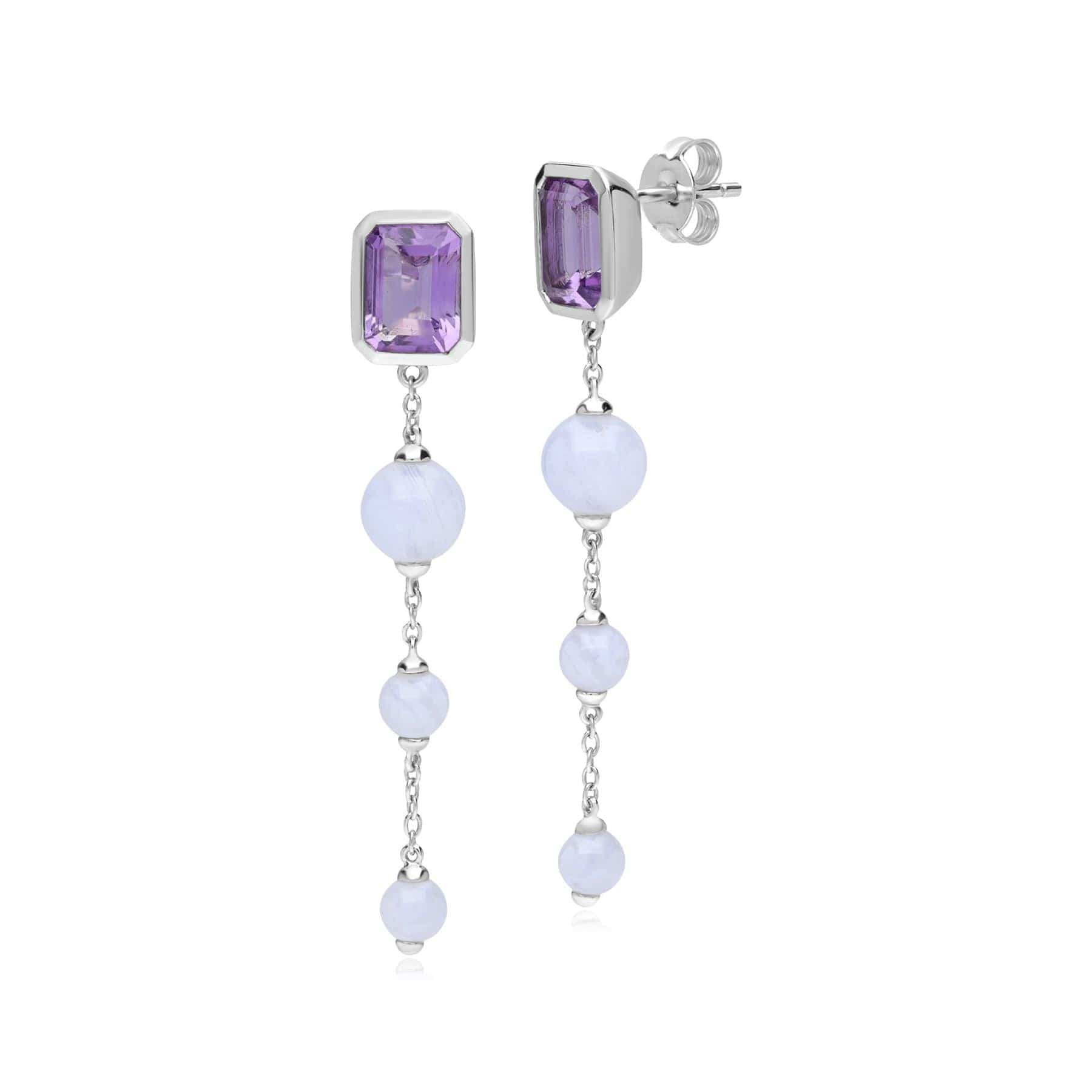 270E034101925 ECFEW™ Unifier Amethyst & Blue Lace Agate Dangle Drop Earrings In Sterling Silver 1