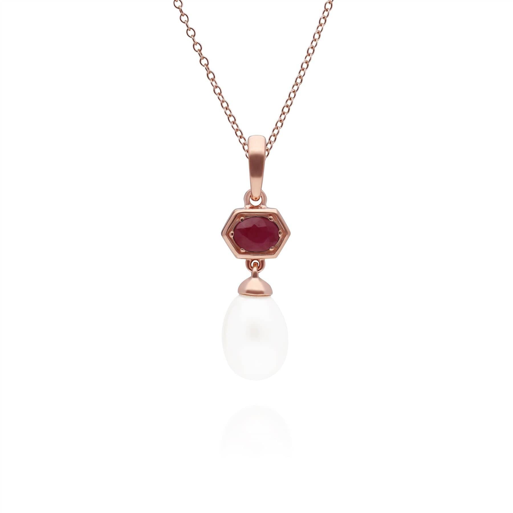 Modern Pearl & Ruby Hexagon Drop Pendant in Rose Gold Plated Sterling Silver