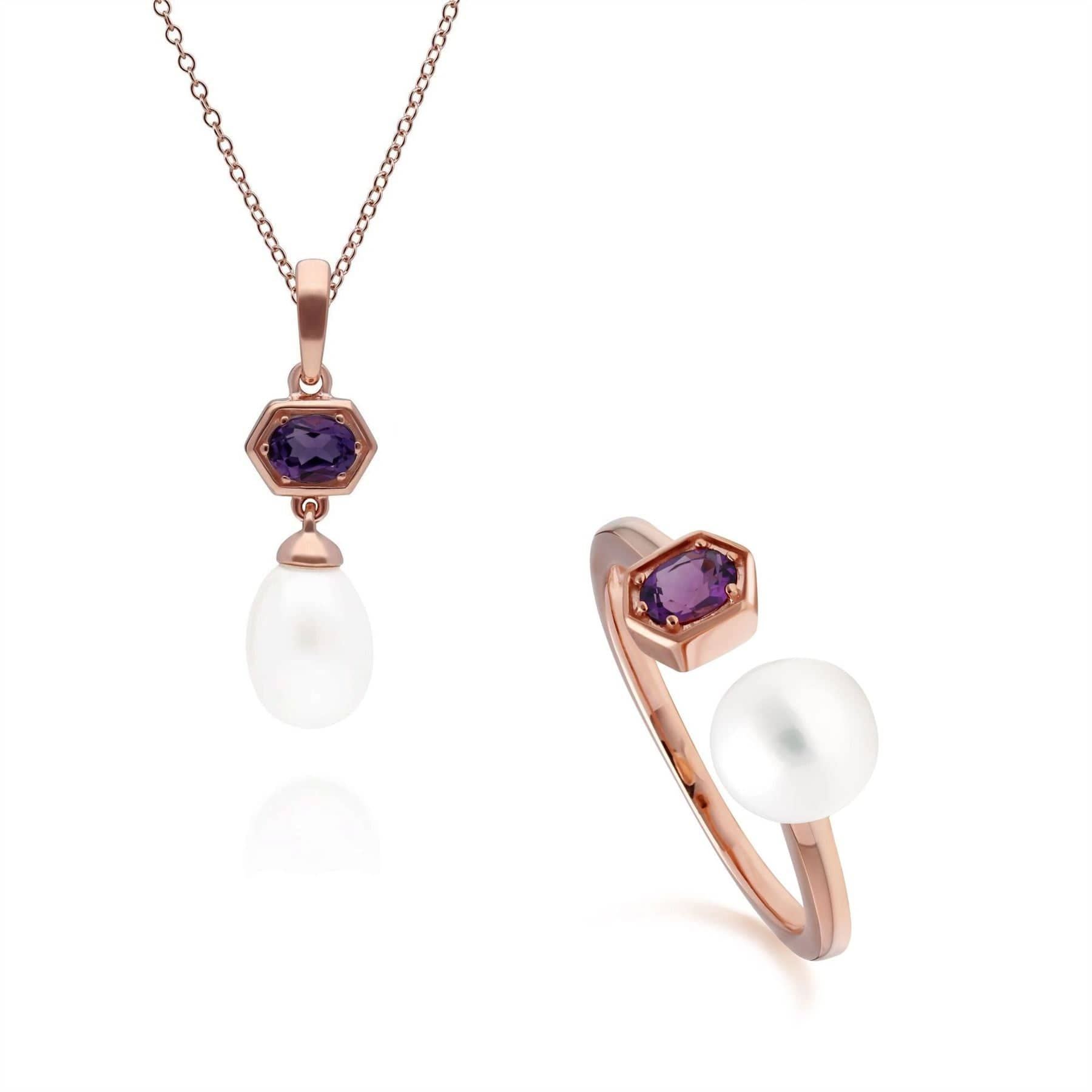 Modern Pearl & Amethyst Pendant & Ring Set in Rose Gold Plated Silver - Gemondo