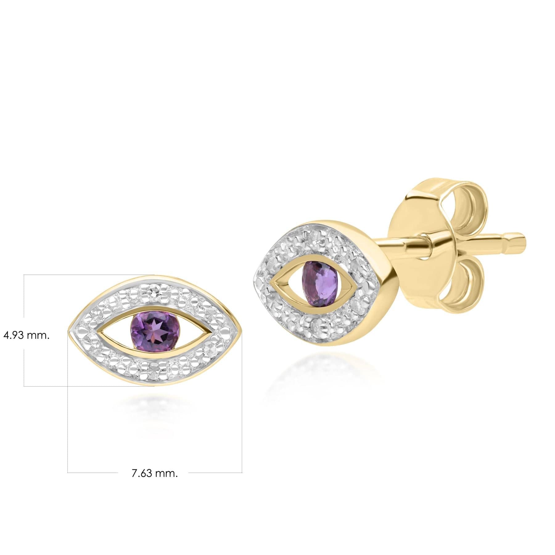 ECFEW™ Dainty Evil Eye Amethyst & Diamond Stud Earrings in 9ct Yellow Gold - Gemondo