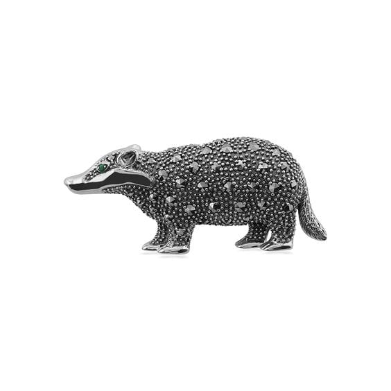 Marcasite & Emerald Badger Brooch in Sterling Silver - Gemondo