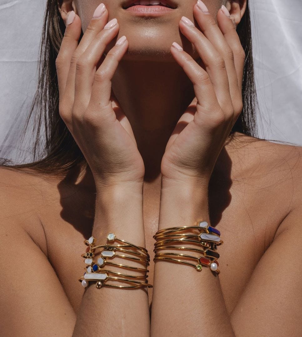 Geometric Dyed Red Carnelian Open Bangle in Gold Plated Silver - Gemondo