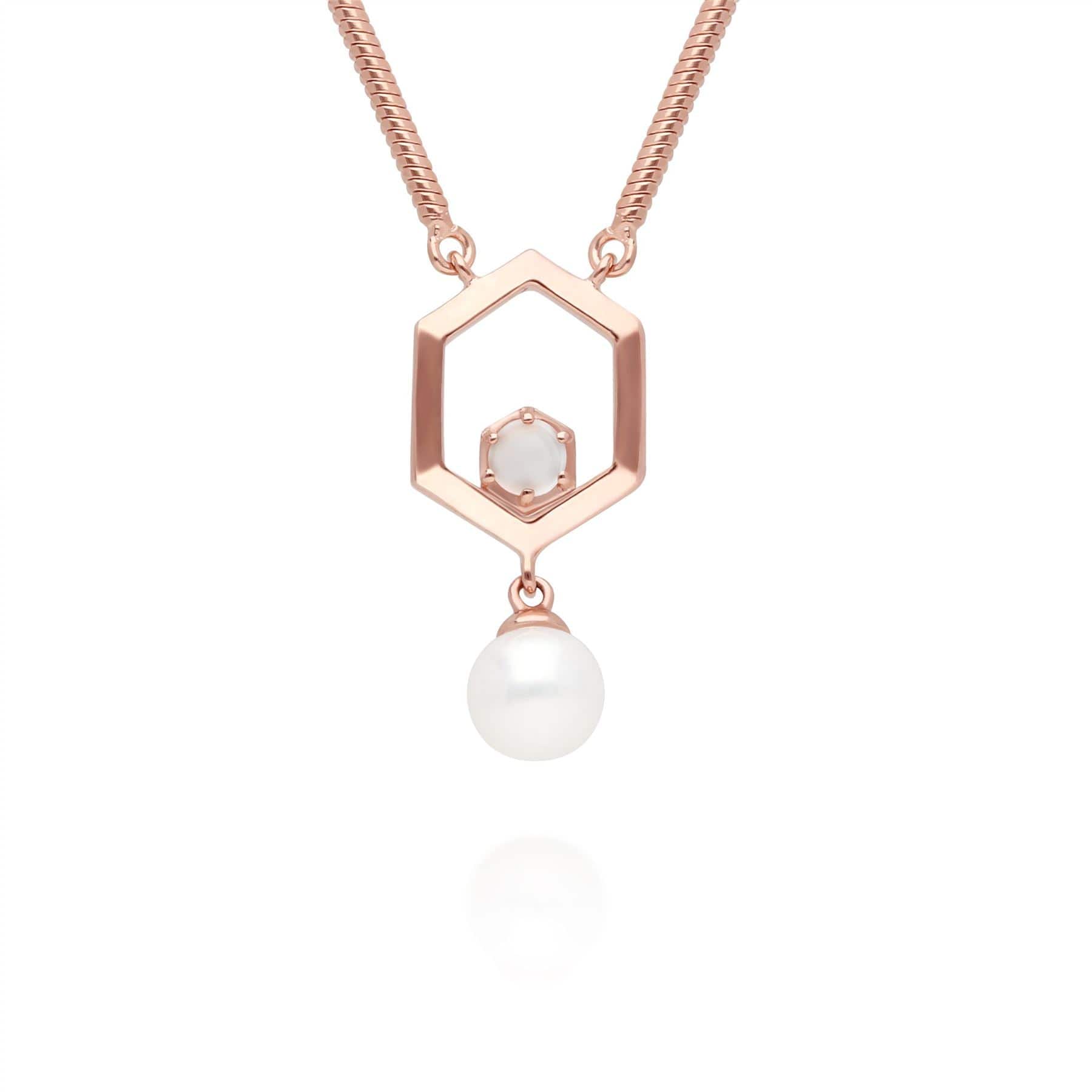 Modern Pearl & Moonstone Hexagon Drop Necklace in Rose Gold Plated Silver - Gemondo