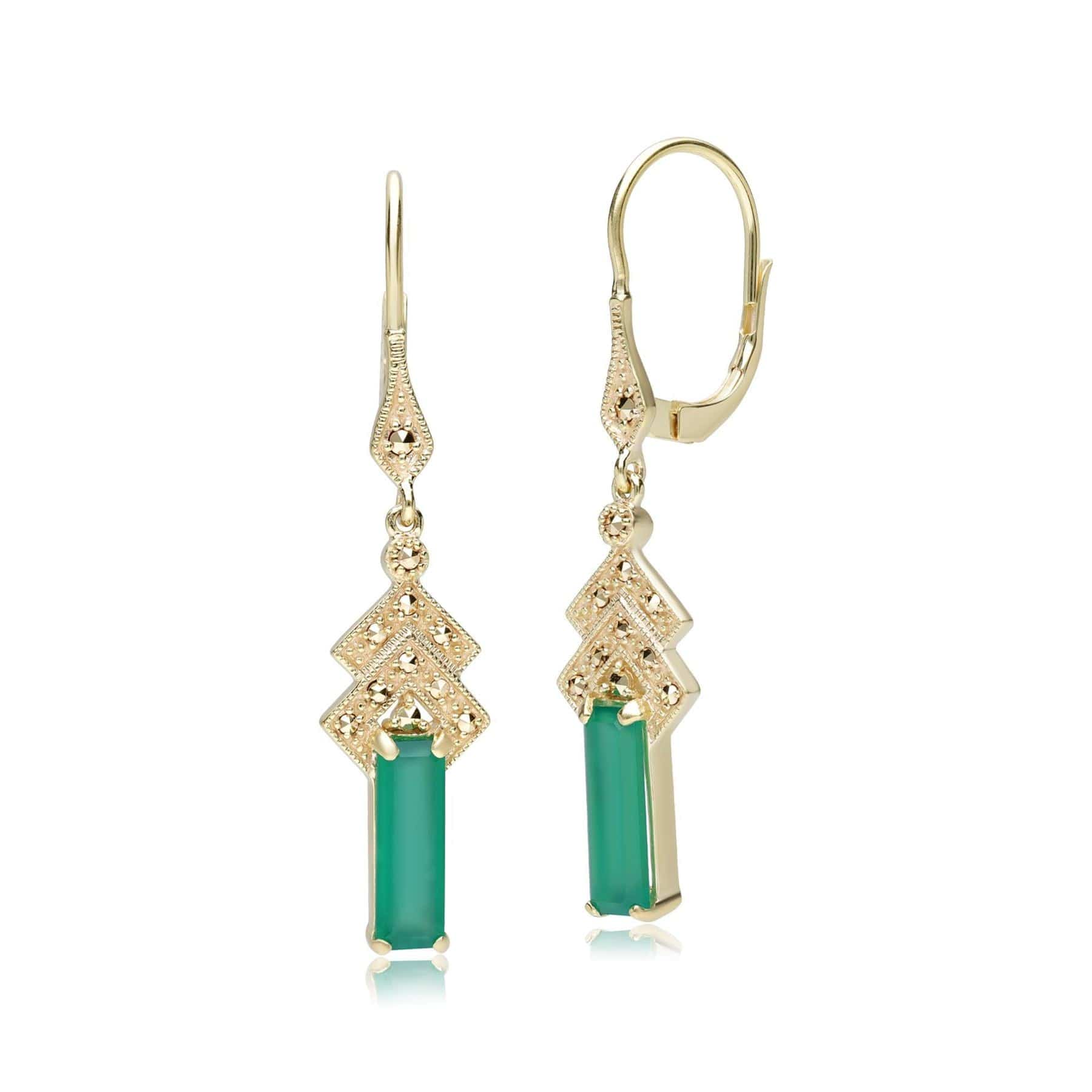 Art Deco Inspired Dyed Green Chalcedony & Marcasite Drop Earrings in 18ct Gold Plated Silver