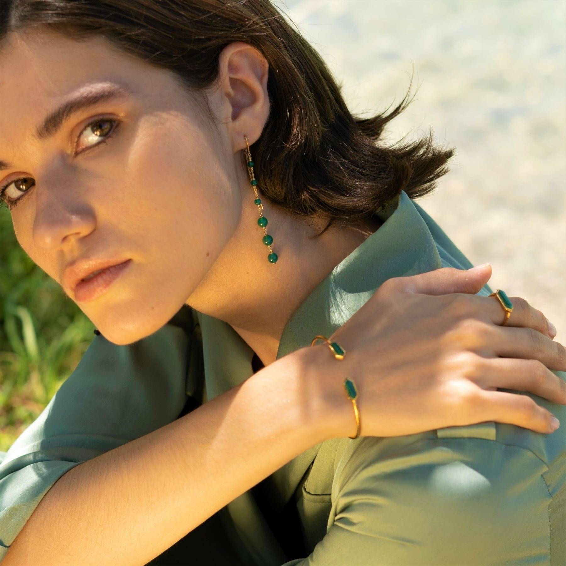 Geometric Malachite Open Bangle in Gold Plated Silver - Gemondo