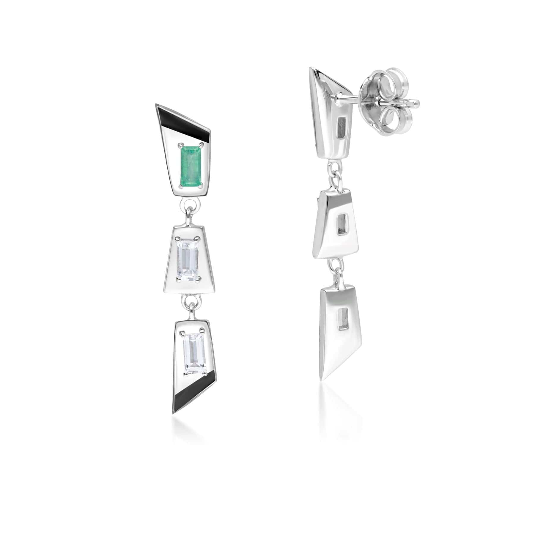 Grand Deco Emerald & White Topaz Retro Drop Earrings In Sterling Silver - Gemondo