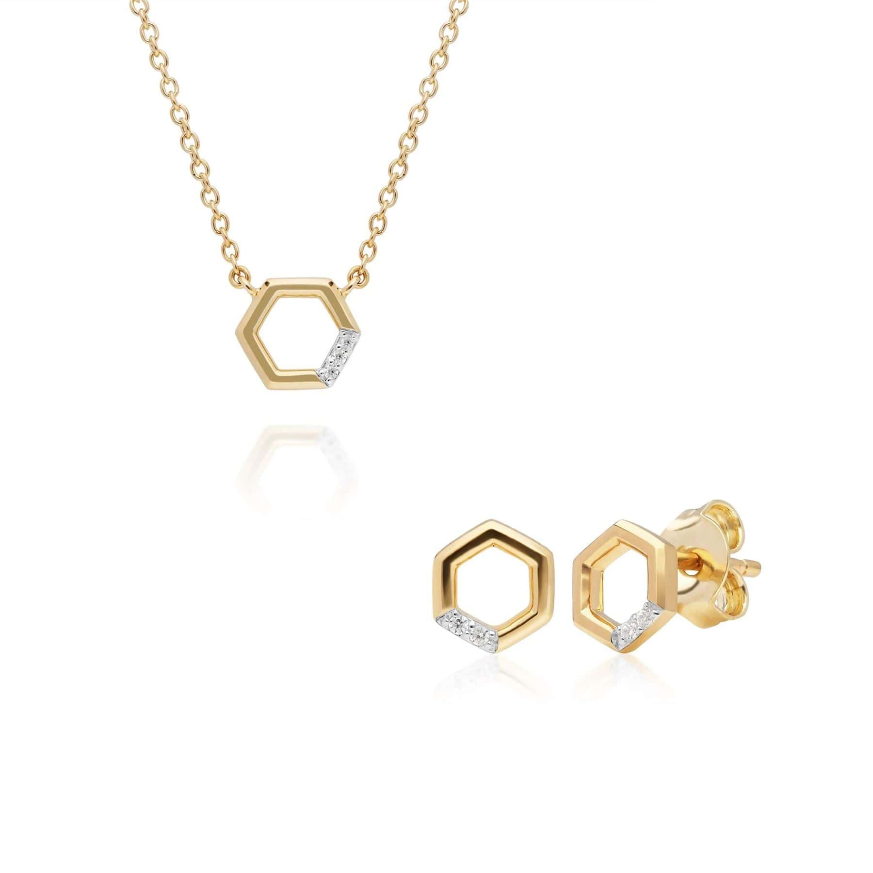 Diamond Pave Hexagon Necklace & Stud Earring Set in 9ct Yellow Gold