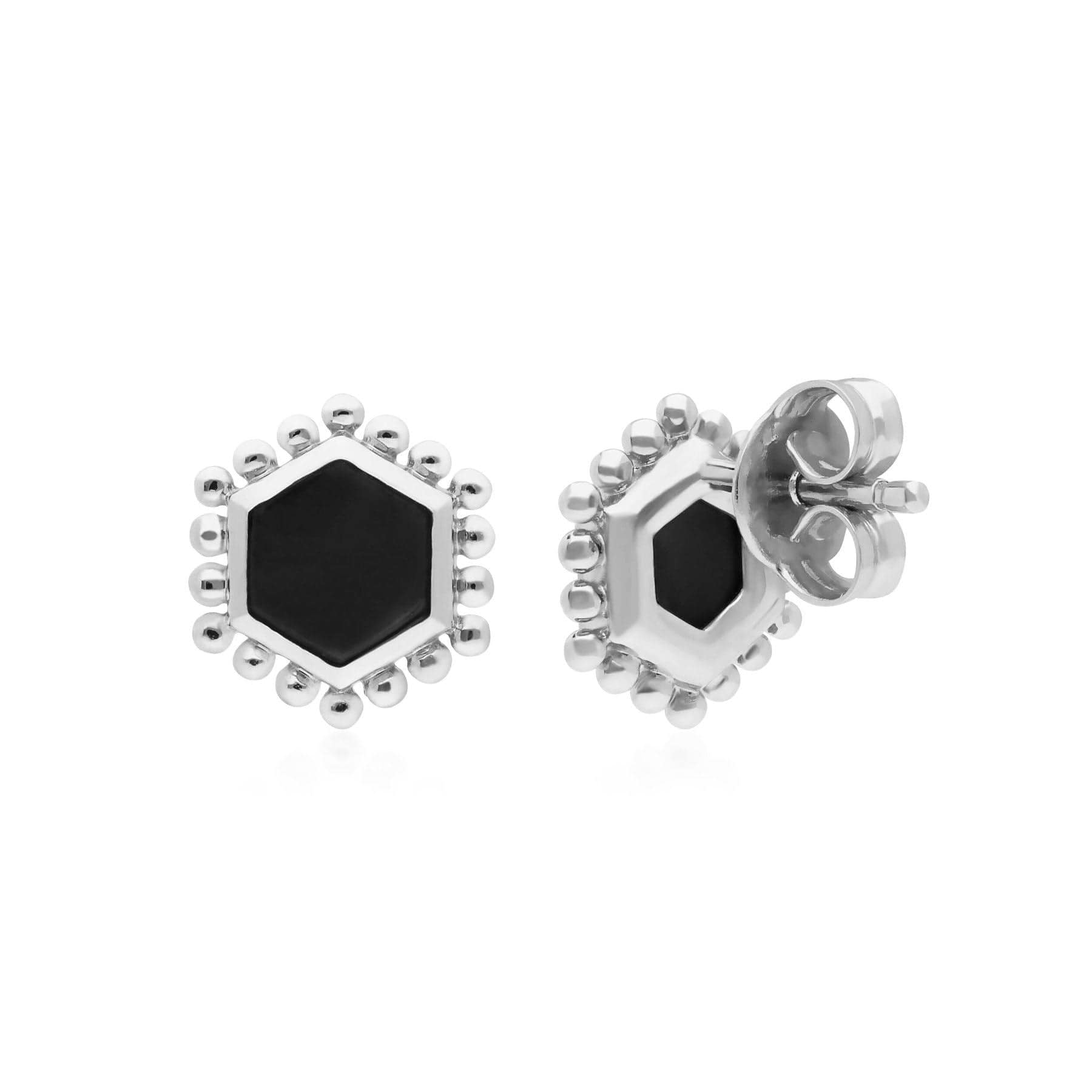 271E021001925 Black Onyx Flat Slice Hex Stud Earrings in Sterling Silver 2