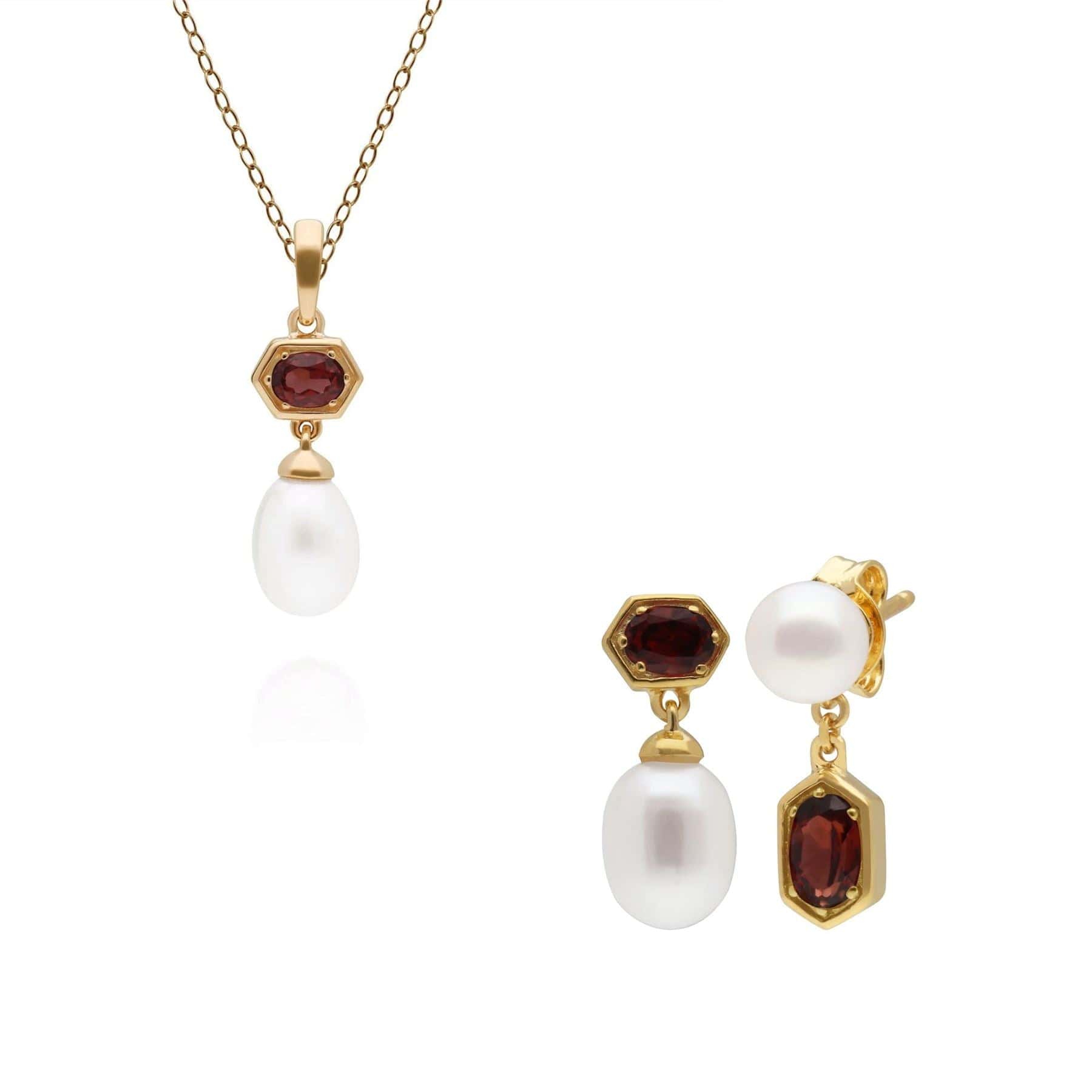 Modern Pearl & Garnet Pendant & Earring Set in Gold Plated Silver - Gemondo