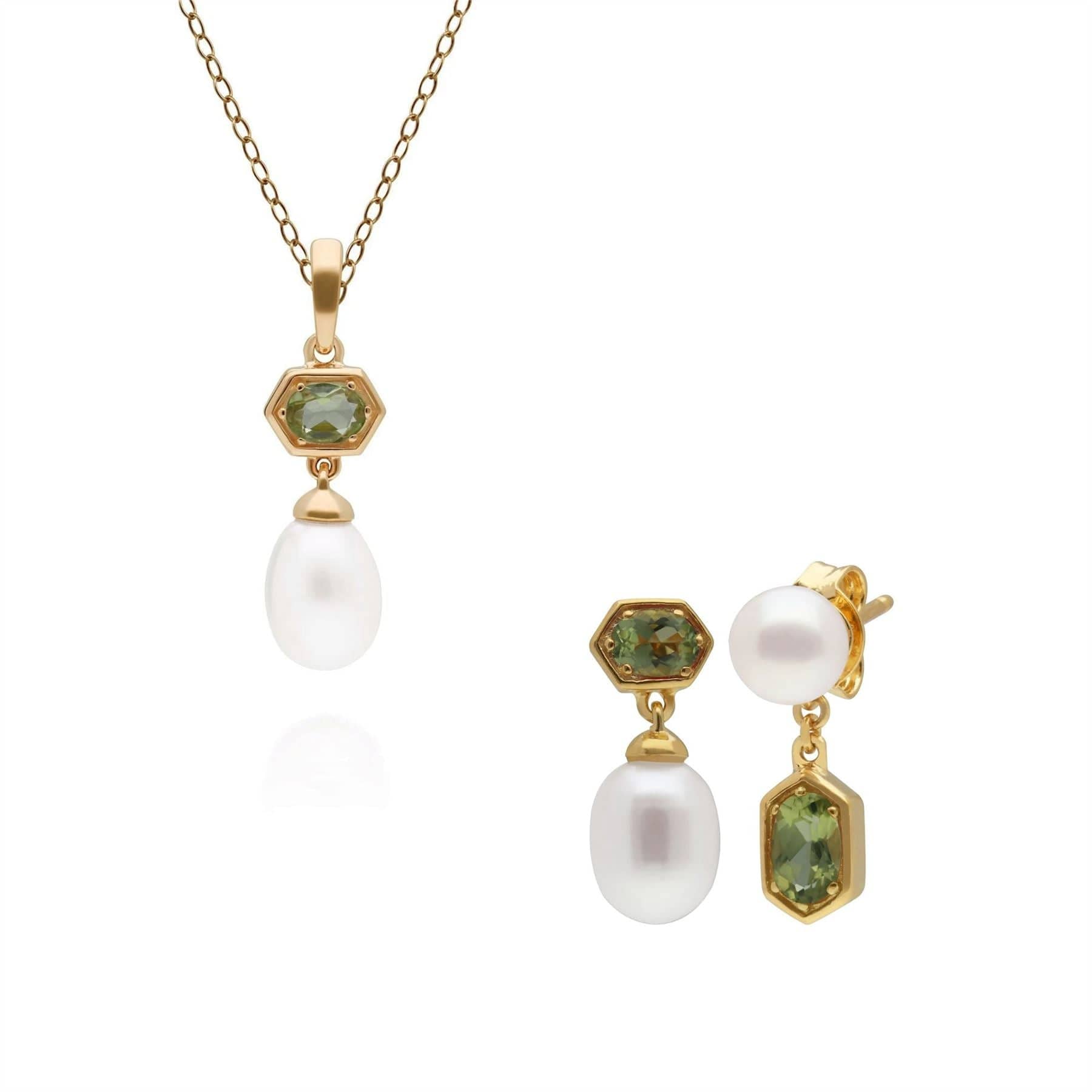 Modern Pearl & Peridot Pendant & Earring Set in Gold Plated Silver - Gemondo