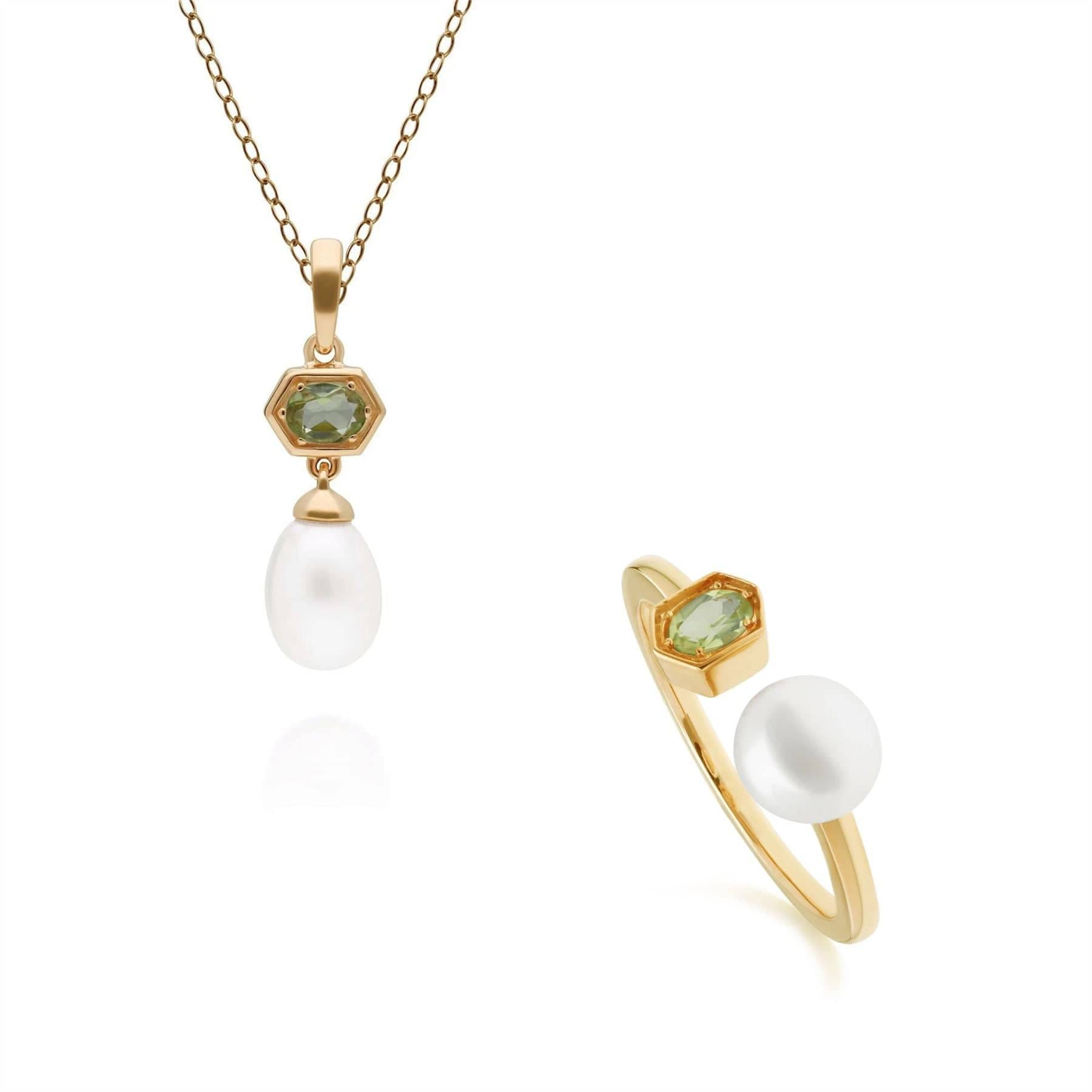 Modern Pearl & Peridot Pendant & Ring Set in Gold Plated Silver - Gemondo