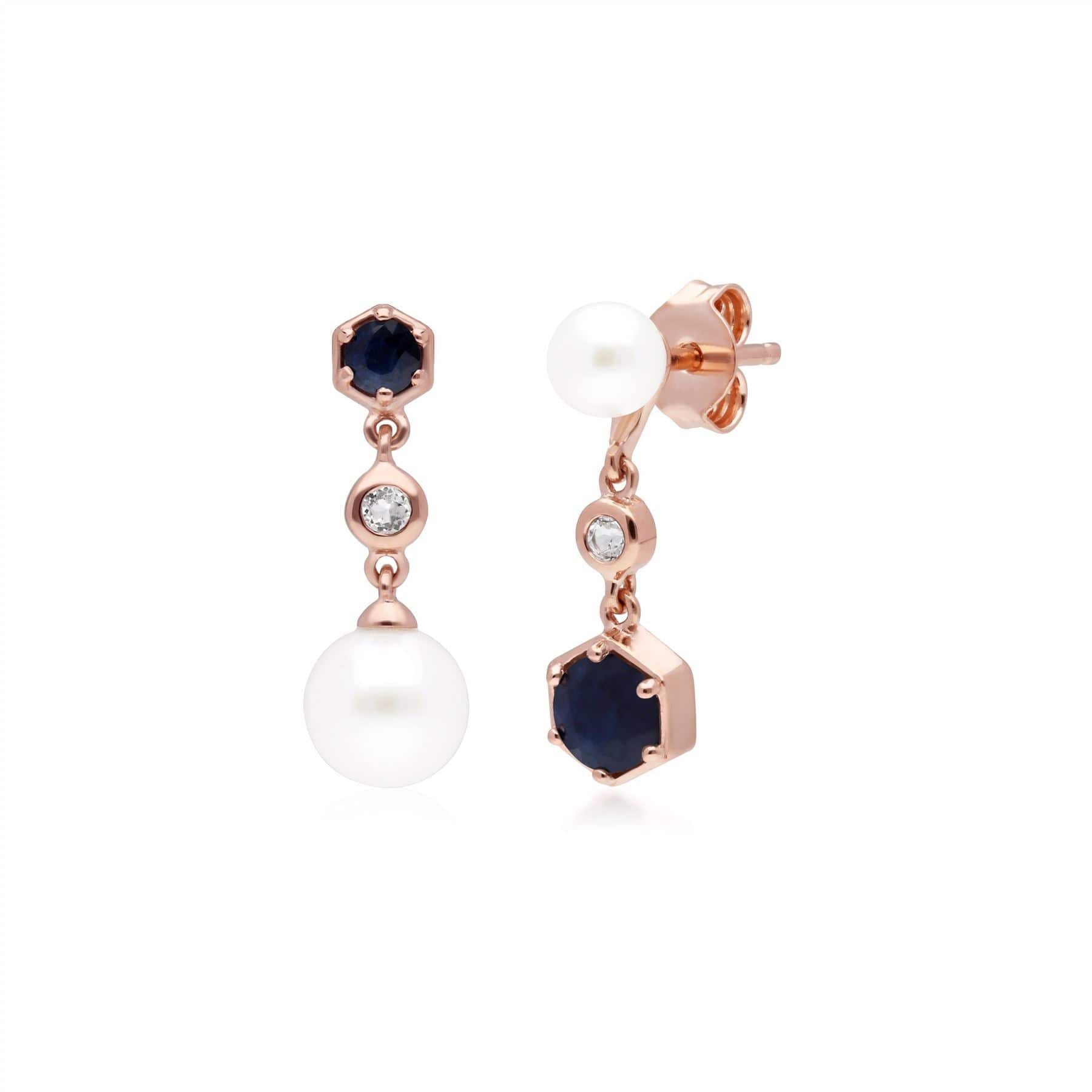 270P030301925-270E030301925 Modern Pearl, Sapphire & Topaz Pendant & Earring Rose Gold Plated Set 3