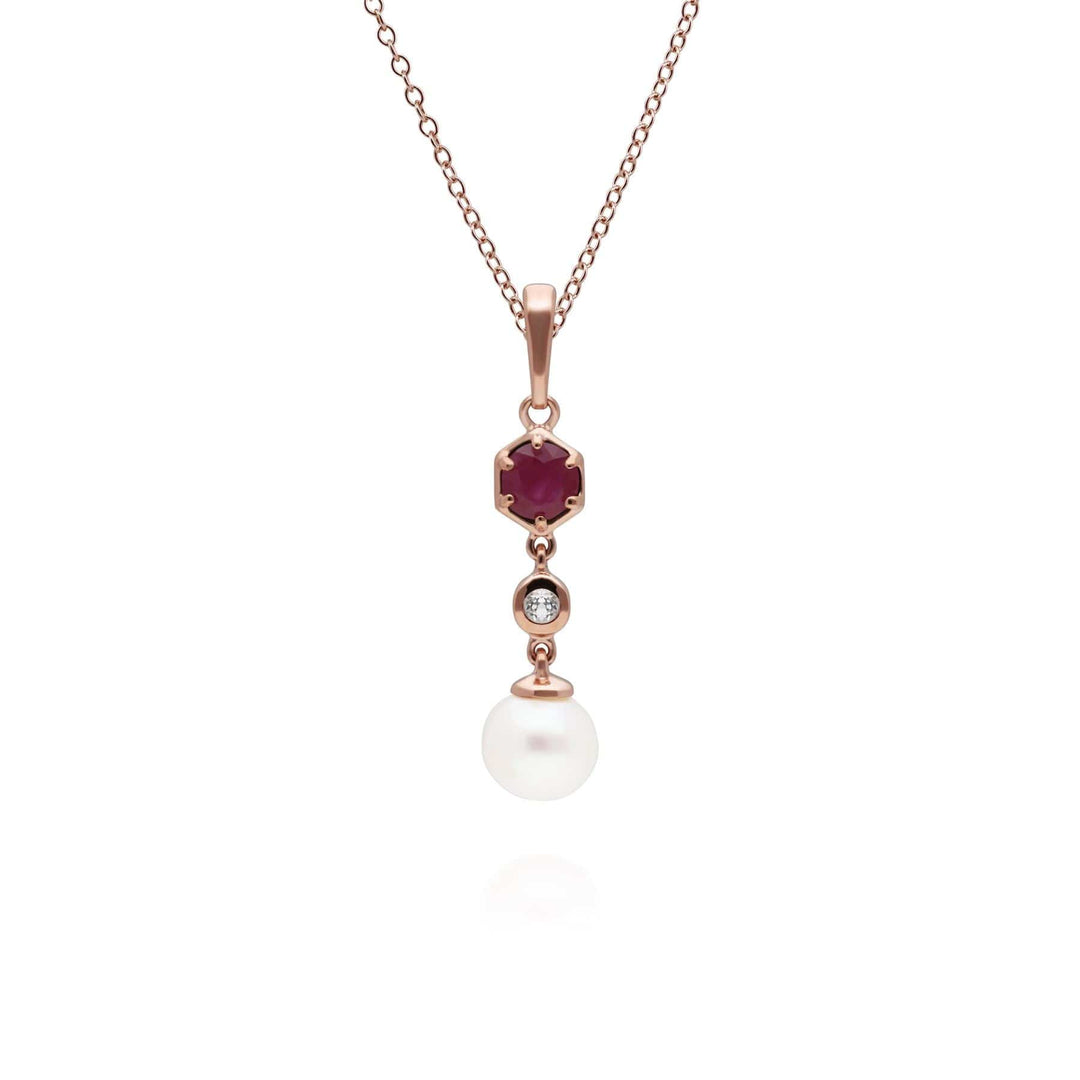 270P030302925 Modern Pearl, Ruby & Topaz Drop Pendant in Rose Gold Plated Silver 1