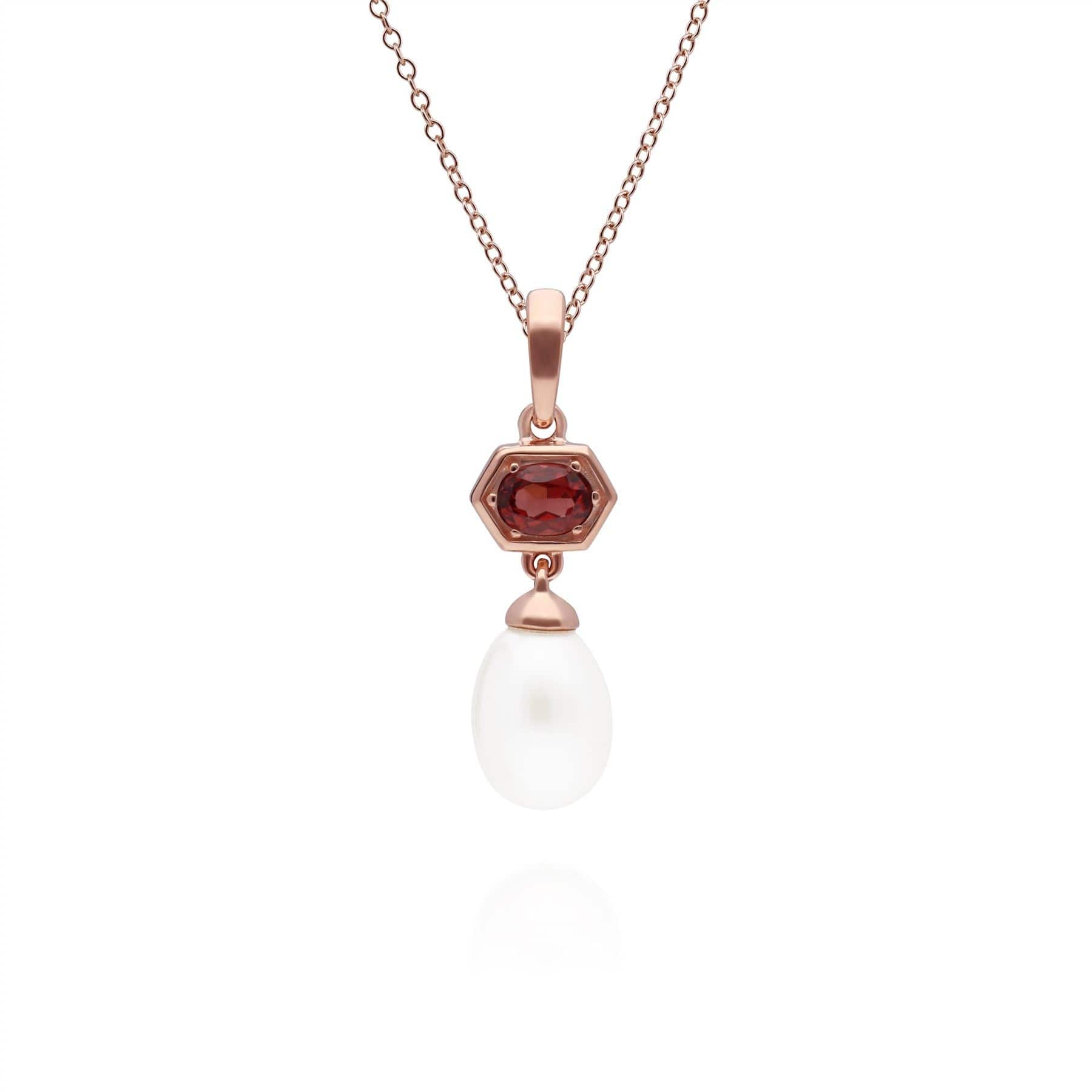 Modern Pearl & Garnet Hexagon Drop Pendant in Rose Gold Plated Silver - Gemondo