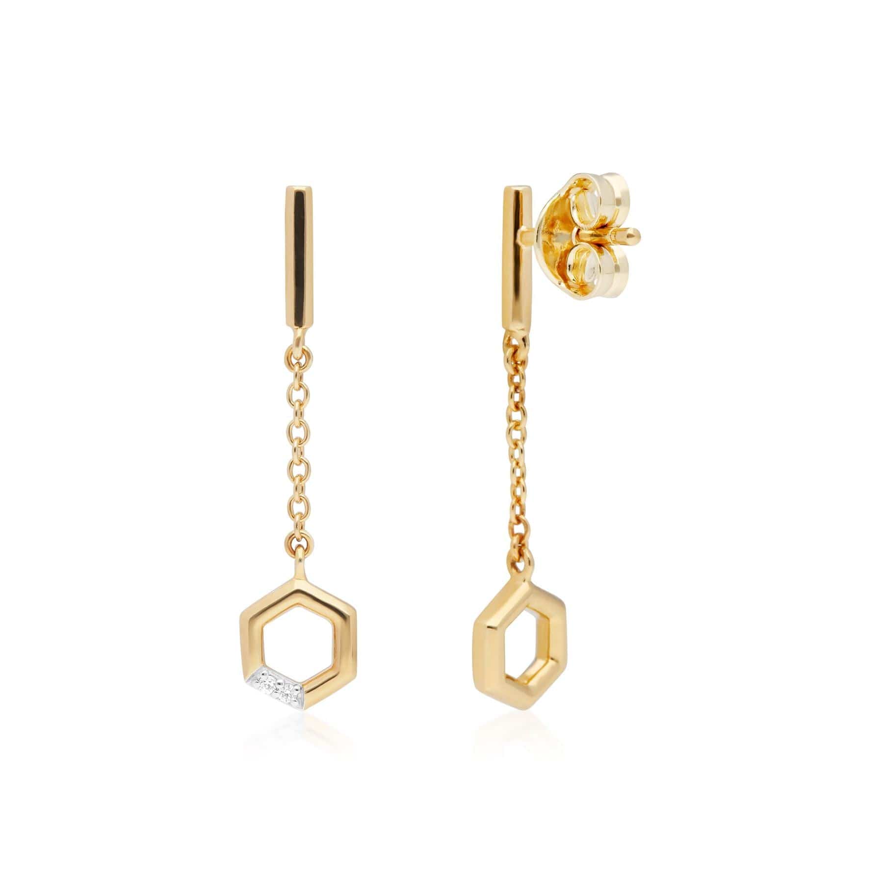 Hexagon Diamond Dangle Drop Chain Earrings in 9ct Yellow Gold